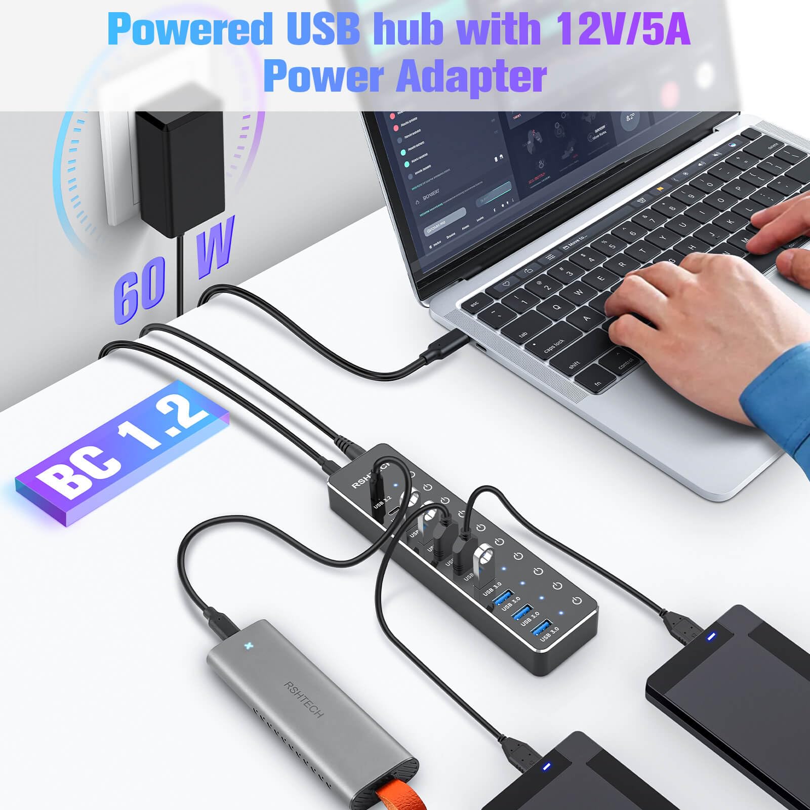 Powered Usb Hub, Rshtech 10 Port Usb 3.2/Usb C Hub 60W With 10Gbps Usb A 3.2, 2 Usb C 3.2, 7 Usb 3.0 Ports, Individual Touch Swi
