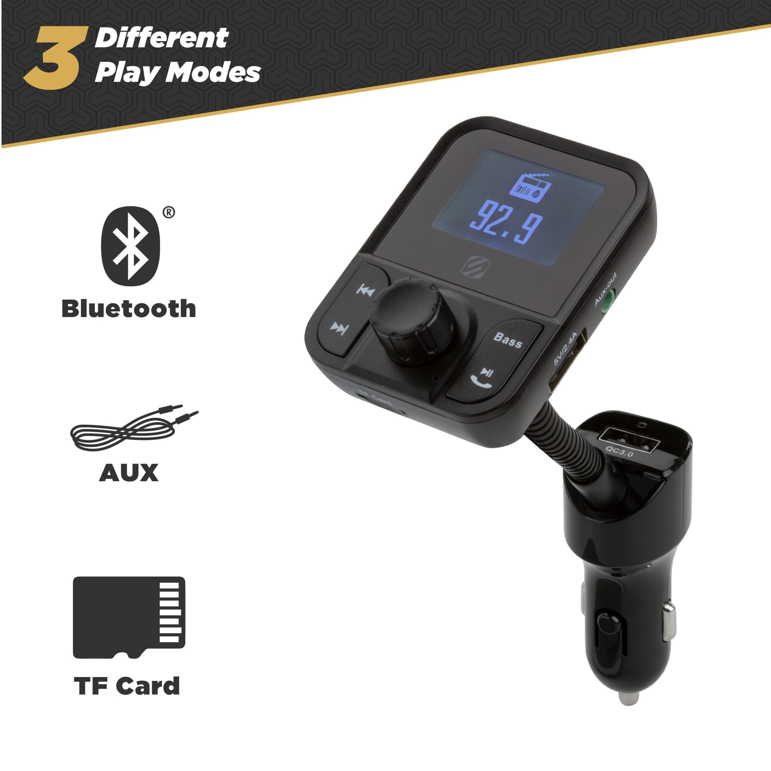 Scosche SBTFM1 XCES0 Bluetooth 5.0 FM Transmitter w/ Dual USB Charger Ports, LCD Screen, Adjustable Neck & Aux Port, Wireless Radio Bluetooth Adapter, Hands Free Car Kit for Phone Calls & Music Player