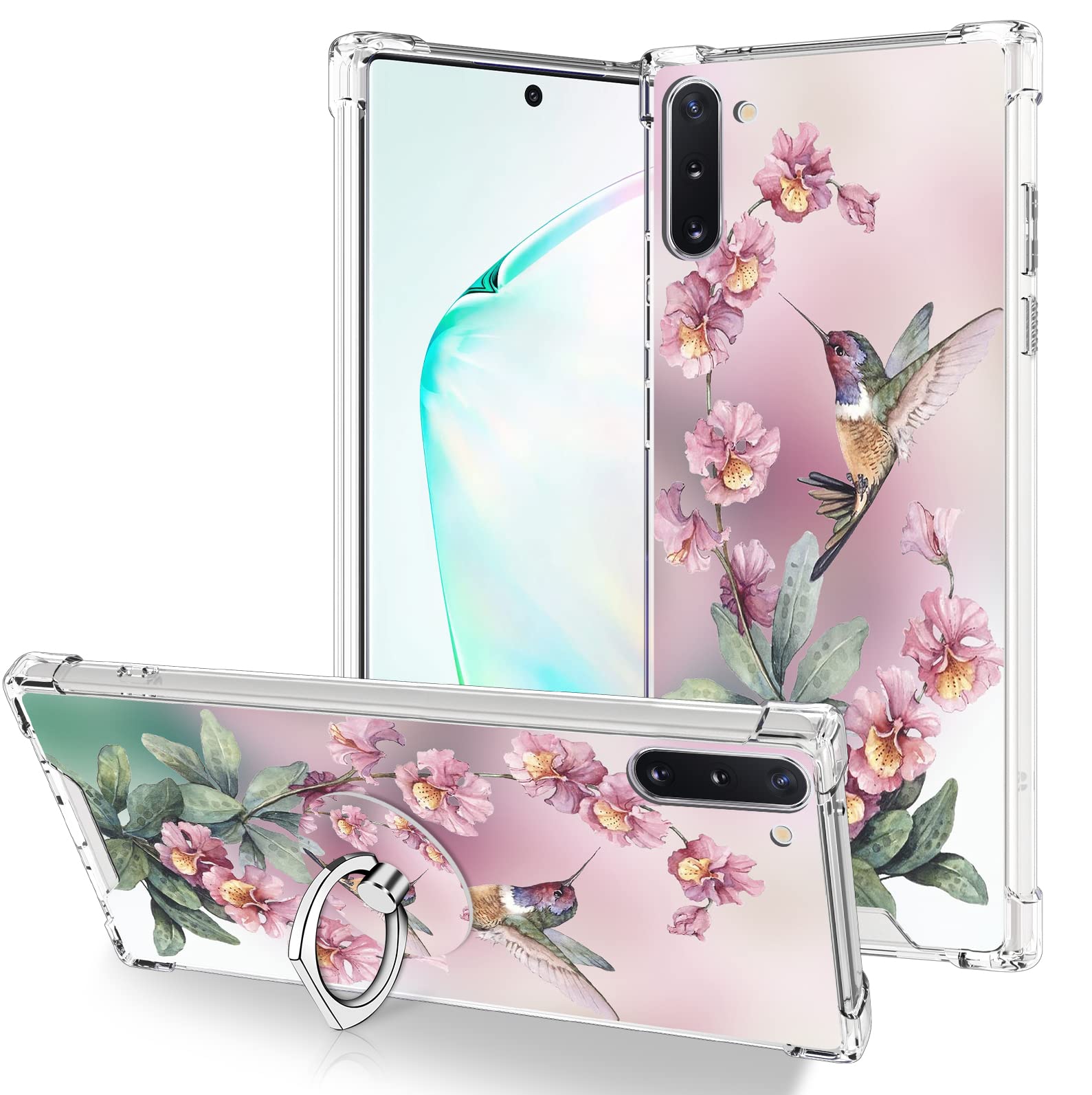 Ook Clear Case Compatible With Samsung Galaxy Note 10, Pink Hummingbird Pattern Flexible Tpu Shockproof Anti Scratch Bumper Tran