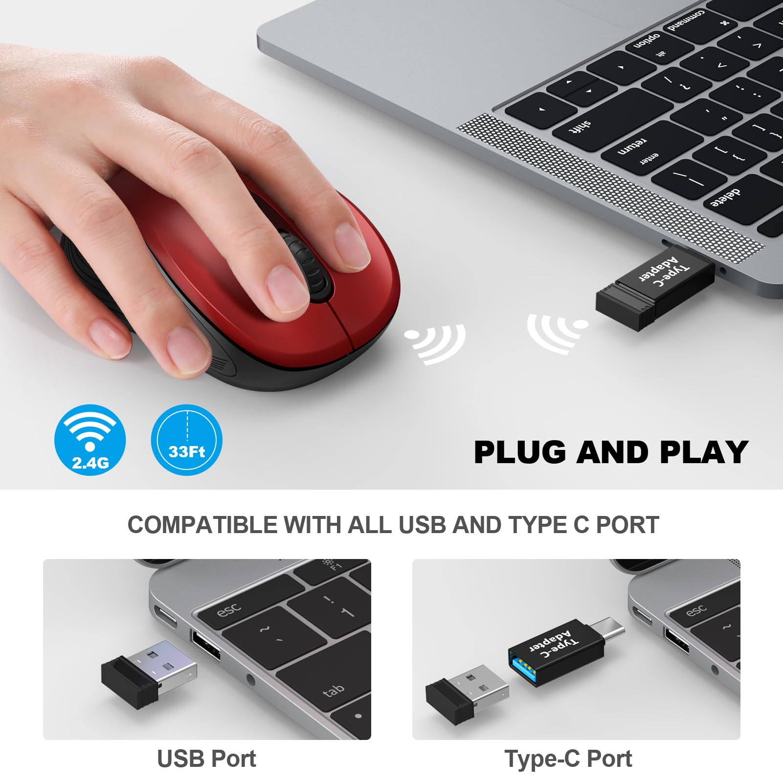 Wisfox 2.4G Wireless Mouse For Laptop, Ergonomic Computer Mouse With Usb Receiver And Type C Adapter, 6 Button Cordless Mouse Wireless Mice For Windows Mac Pc Notebook (Red)