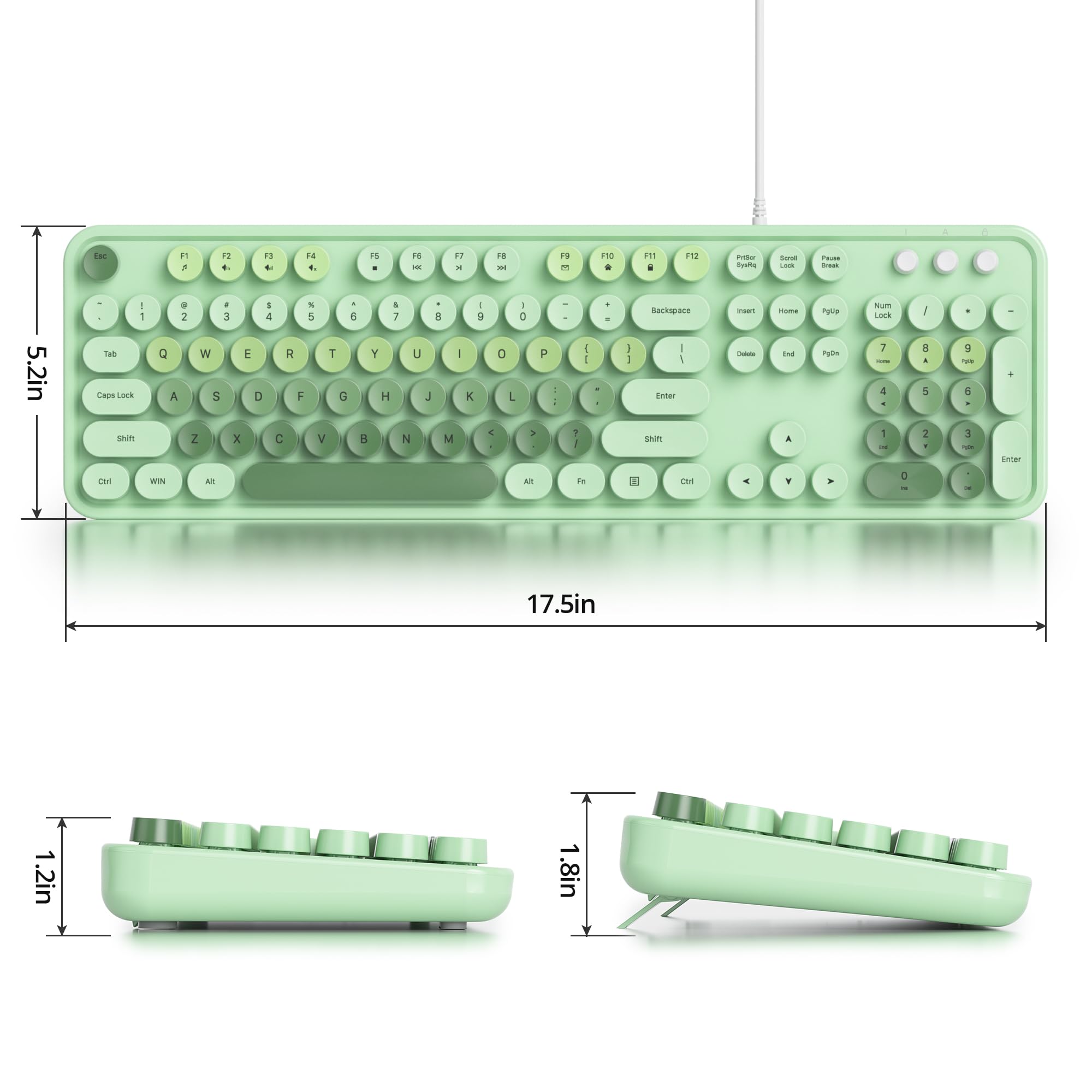 Owpkeenthy Typewriter Green Cute Keyboard With Floating Round Keys, Full Size Wired Retro Keyboard Click Feeling With Foldable S