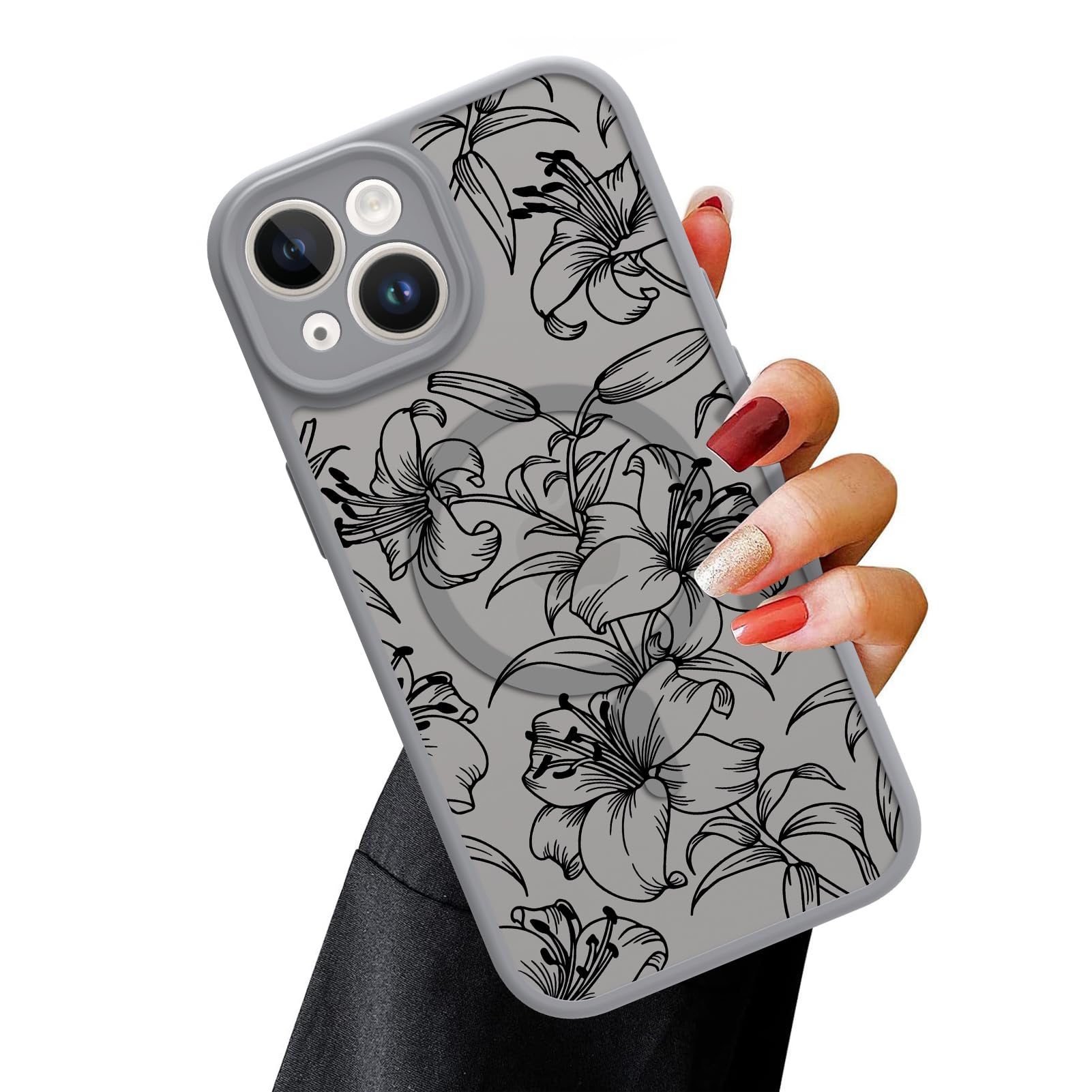 Ook Magnetic For Iphone 14 Case Grey Flower Lily Pattern [Compatible With Magsafe] Slim Translucent Matte Camera Lens Protection