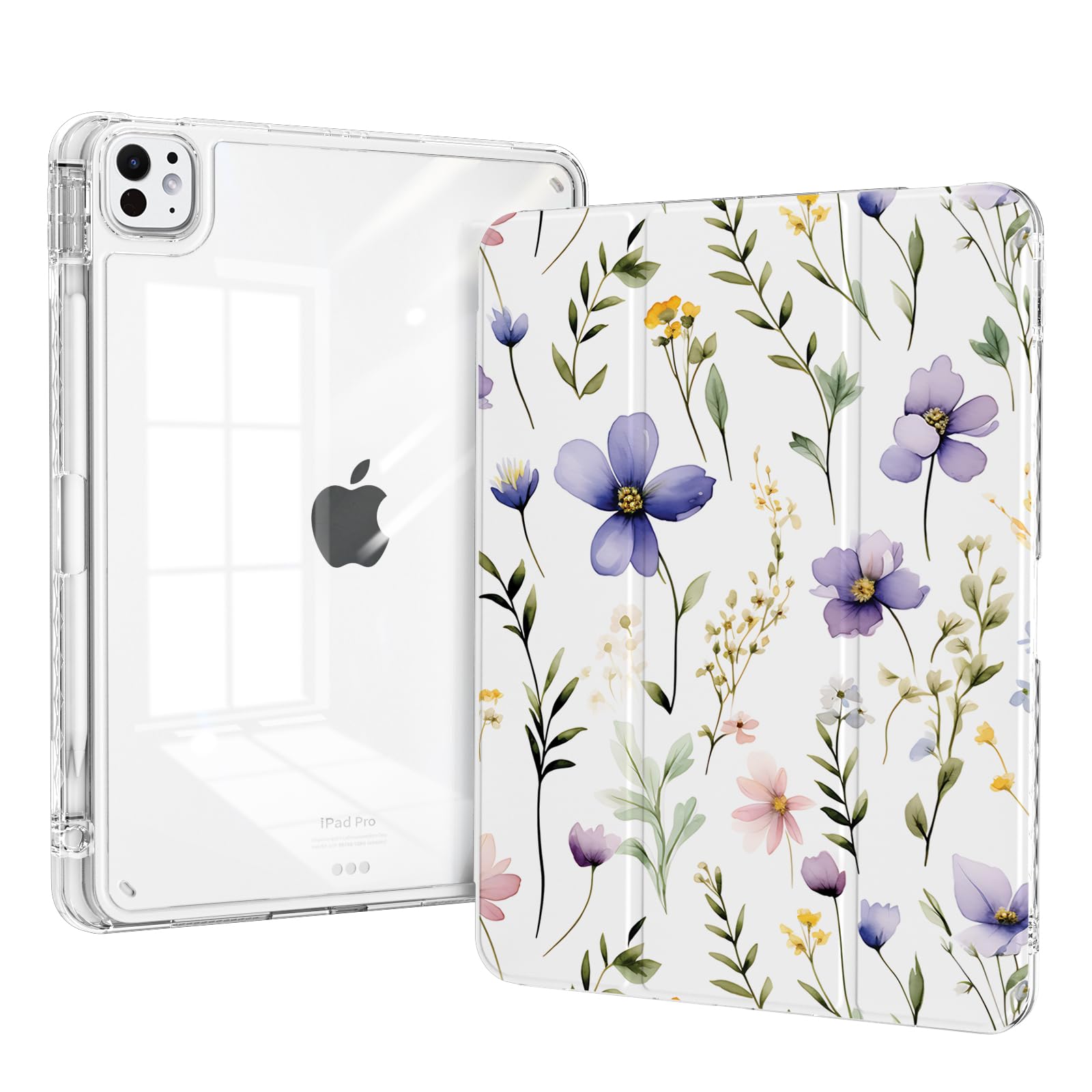 Piznernico Case For Ipad Pro 11 Inch M4 (2024, 5Th Generation) With Pencil Holder, Trifold Stand, Transparent Clear Back Cover P