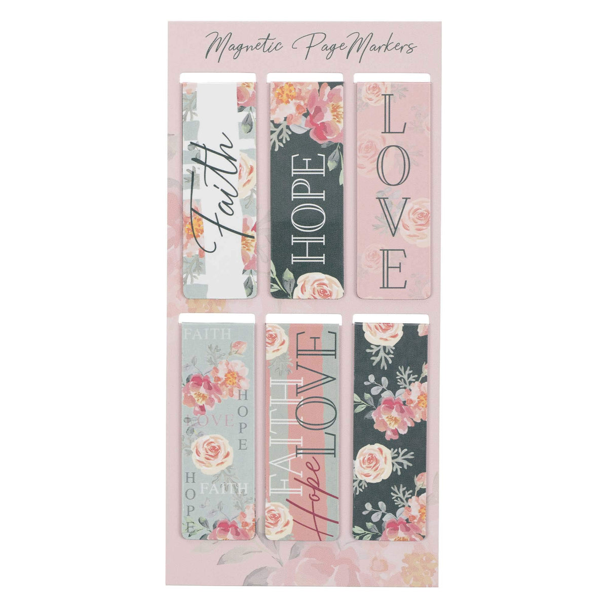 Set Of 6 Faith Hope Love Wpink Roses Inspirational Magnetic Bible Verse Bookmark With Scripture, Size Small 23 X 75