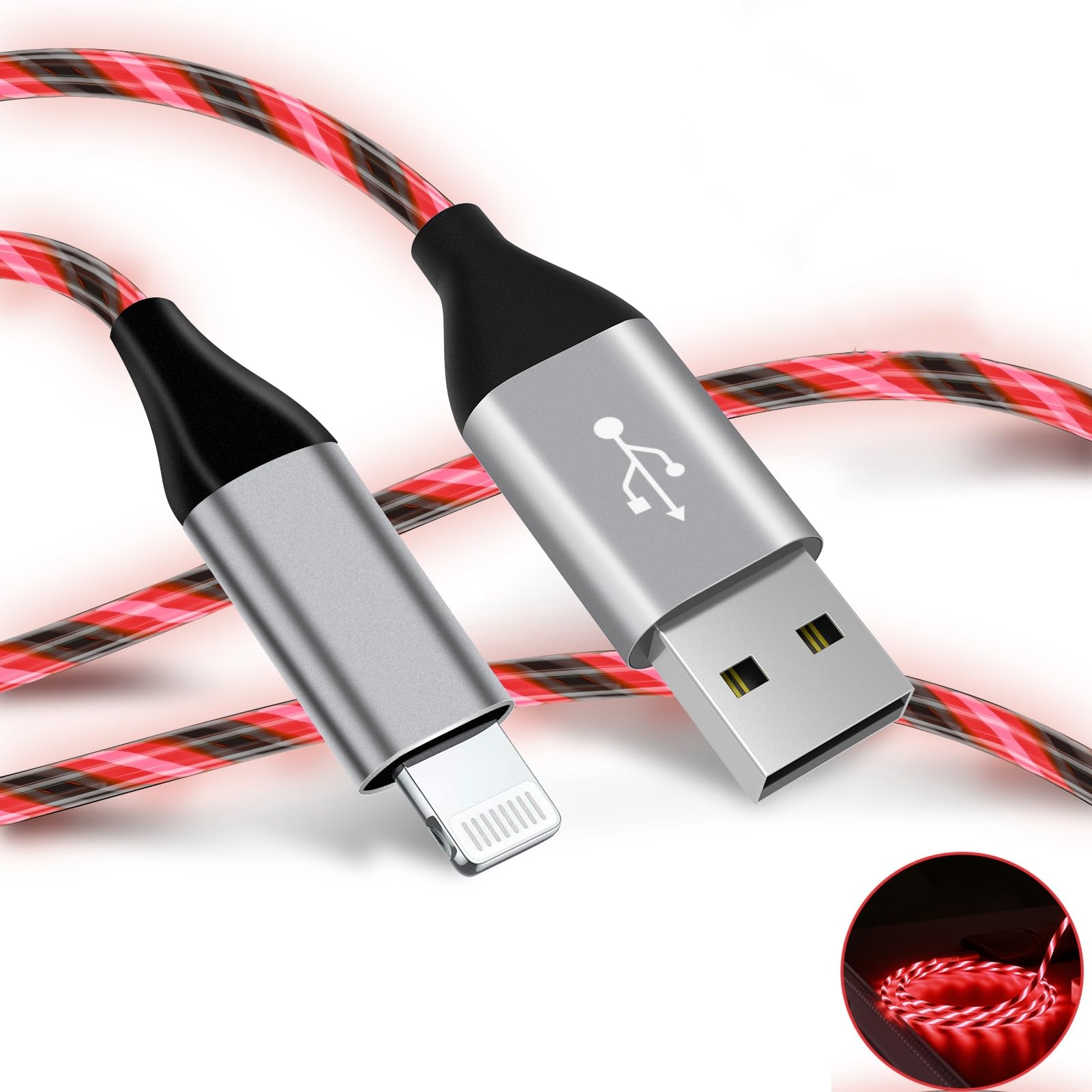 Light Up Iphone Charger Cable Led Apple Charger Cord Apple Mfi Certified Cool Usb Fast Charging For Iphone 14 13 12 11 Pro Max Xr X Se 8 Plus Ipad Ipod Touch More (Red, 6 Ft)