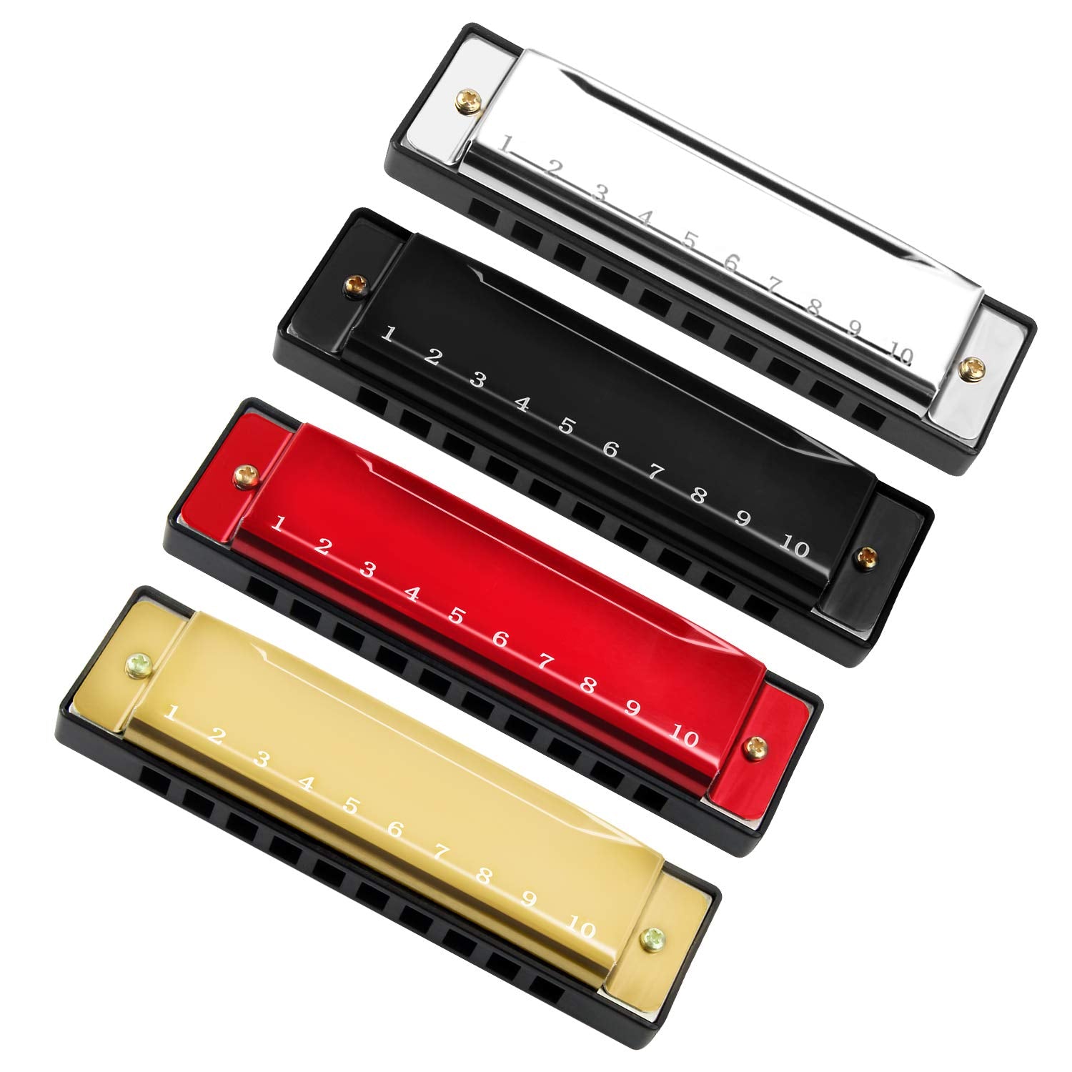 Upins 4Pcs Key Of C 10 Hole 10 Tones Titanium Color Harmonica With Case For Beginner(Gold, Silvery, Black, Red)