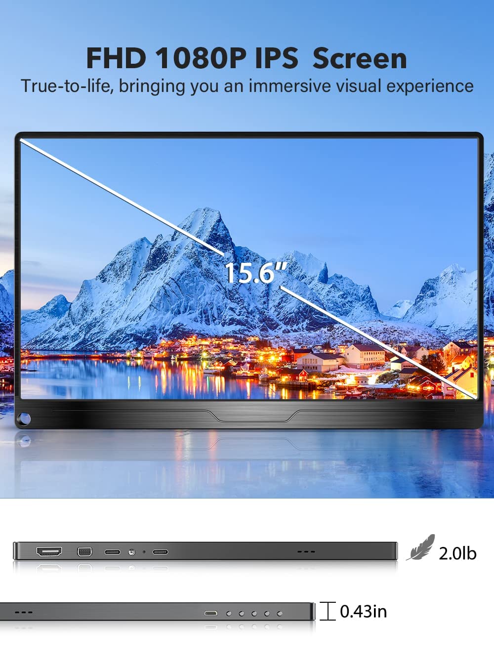 Uperfect Portable Monitor, 2023 [Newversion No Minidp Port] 15.6' Ips Hdr 1920X1080 Fhd Eye Care Screen Usb C Gaming Monitor, Dual Speaker Computer Display Hdmi Type C Vesa For Laptop Pc Phone W/Case