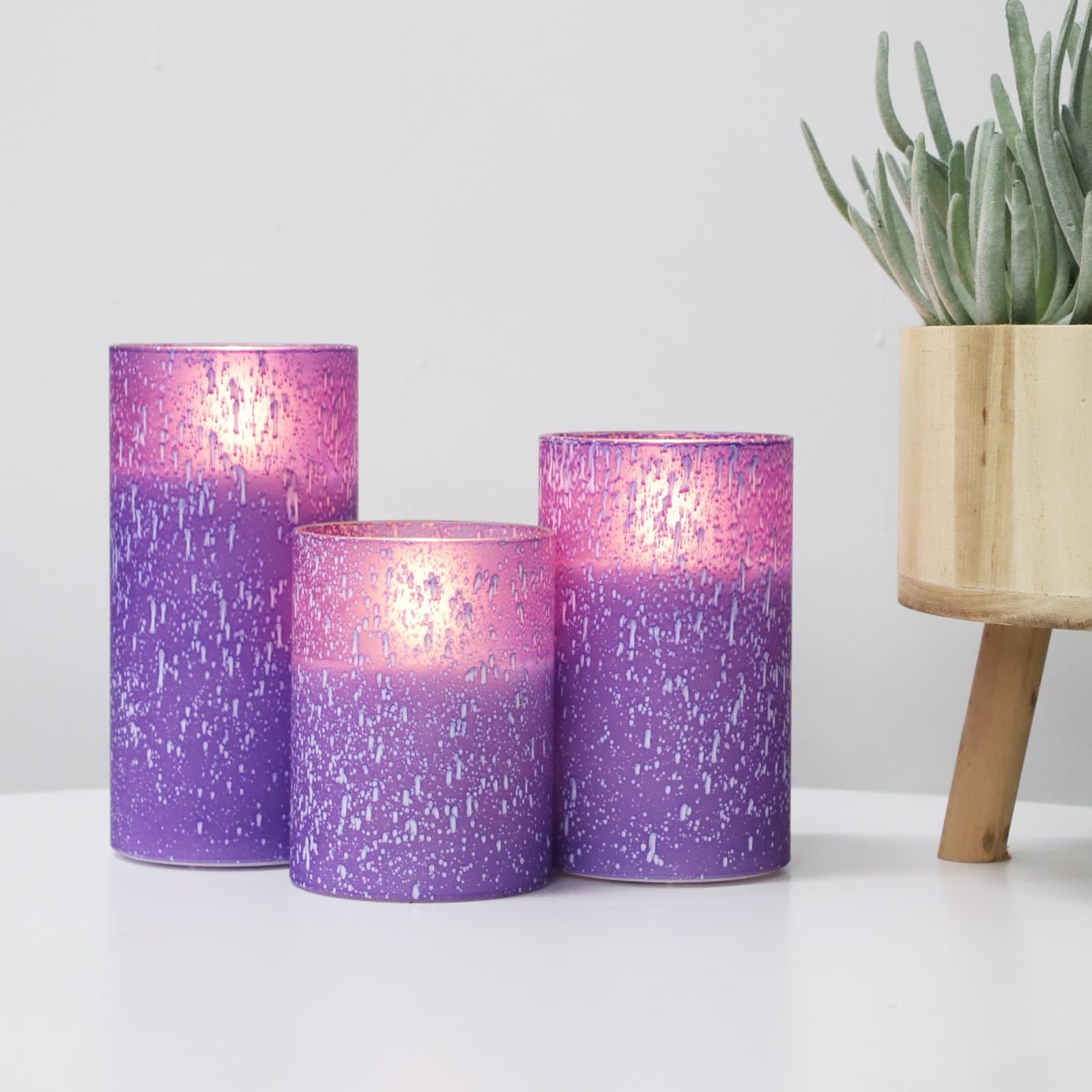 Covege Purple Flameless Candles   Flickering Real Wax Battery Operated Candles With 10 Key Remote And Timer, Set Of 3 Led Glass