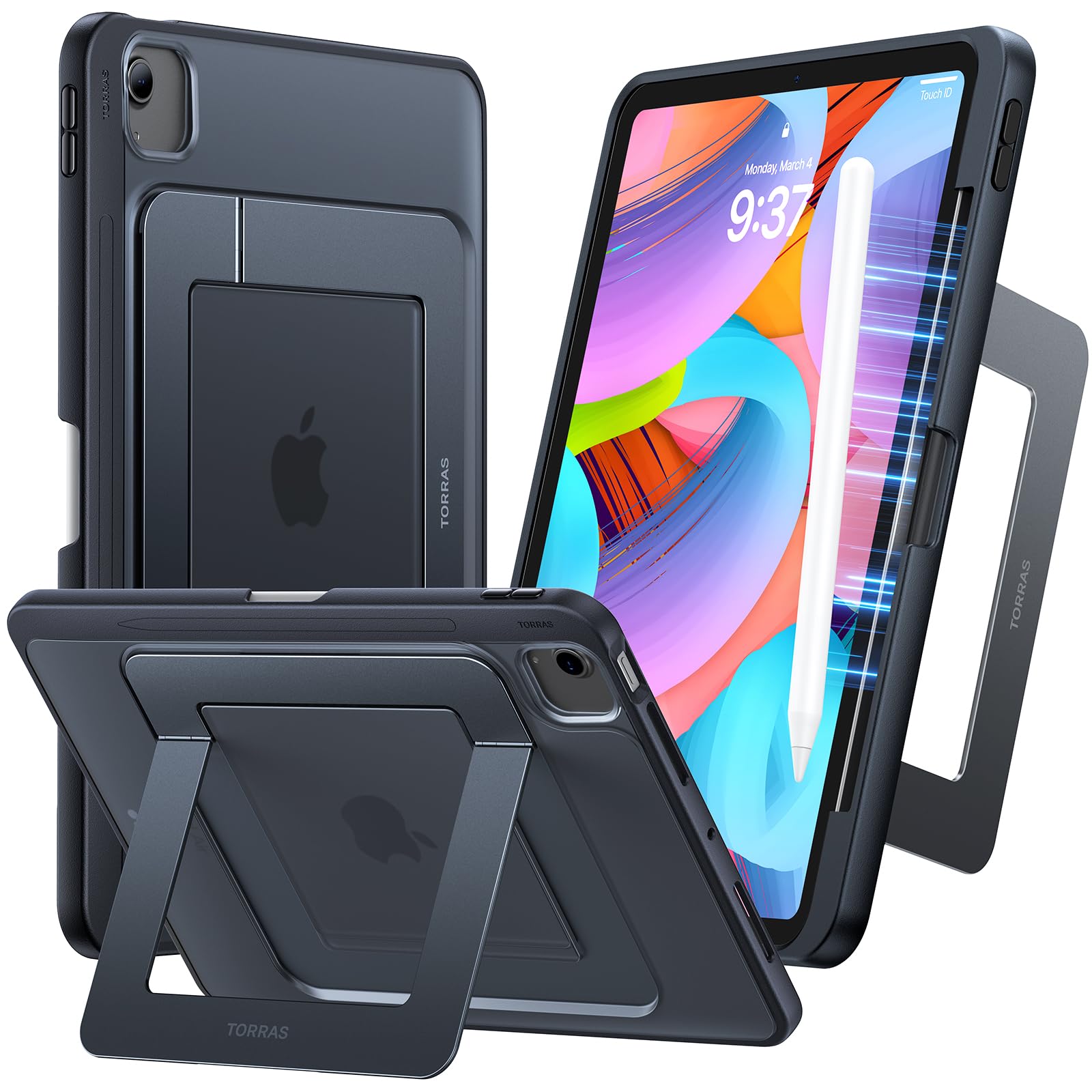 Torras For Ipad Air 13 Inch Case (M3 2025/ M2 2024) & Ipad Pro 12.9 Case (2022/2021), Ultra Stable Stand, Multiple Adjustable Viewing Angles, Slim Protective Kickstand Cover With Pencil Holder, Black
