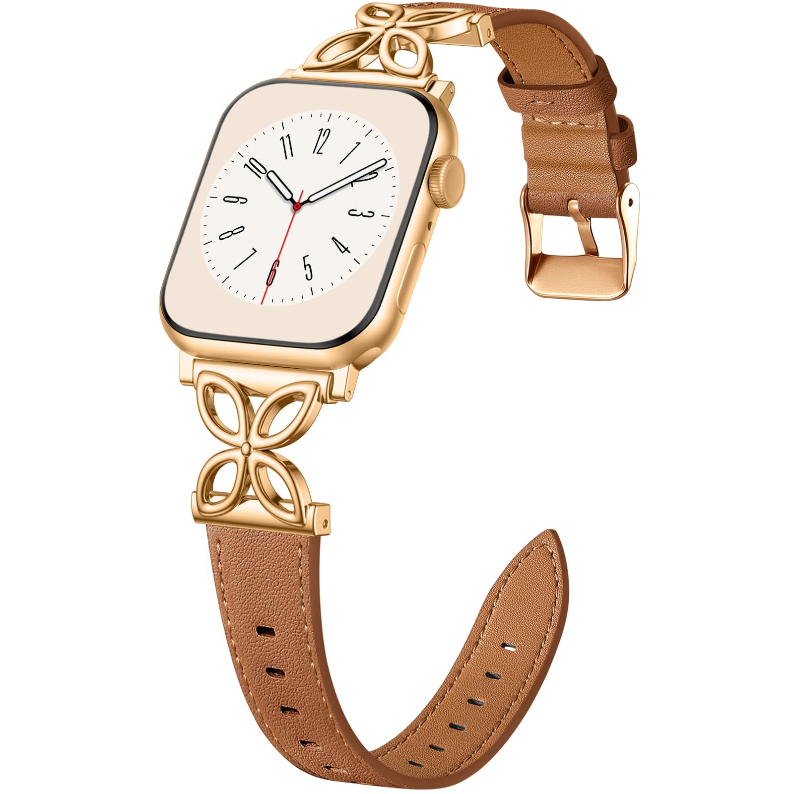SNBLK Floral Top Grain Leather Band for Apple Watch Bands for Women 40mm 41mm 42mm 44mm 46mm 49mm 38mm 45mm, Slim Thin Dressy St