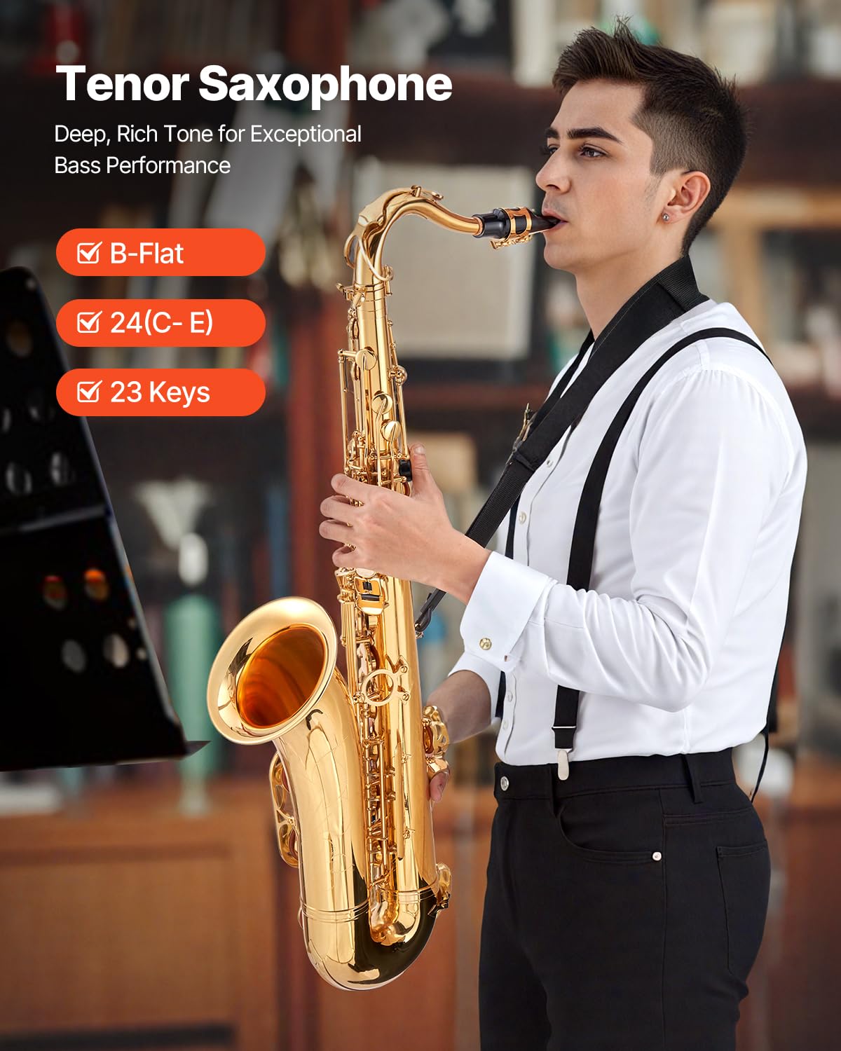 Vevor Tenor Saxophone, B Flat, Professional Brass Saxophone Beginner Kit With Carrying Case, Mouthpiece, Straps, Cleaning Cloth,
