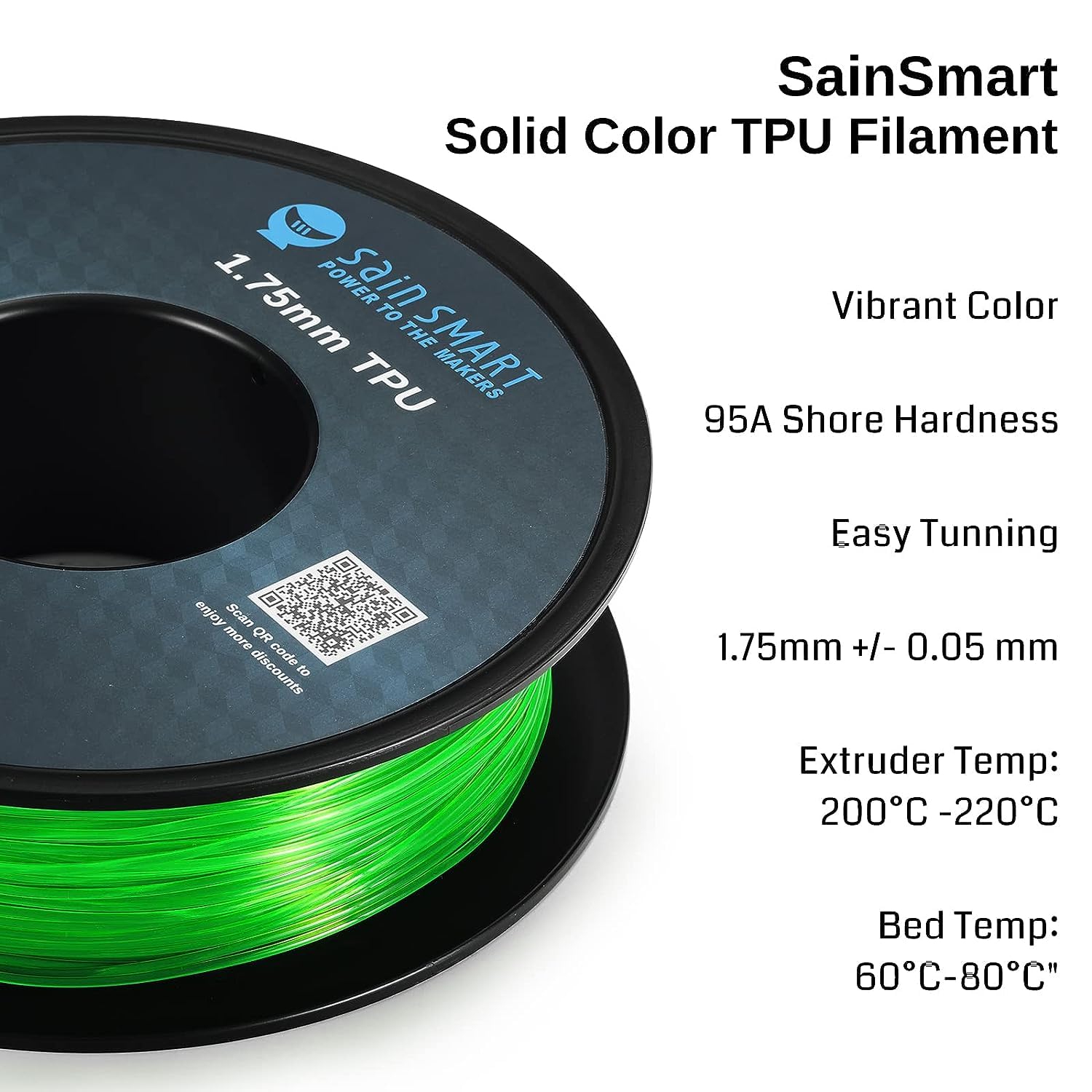 Sainsmart Green Flexible Tpu 3D Printing Filament, 1.75 Mm, 0.8 Kg, Dimensional Accuracy +/  0.05 Mm