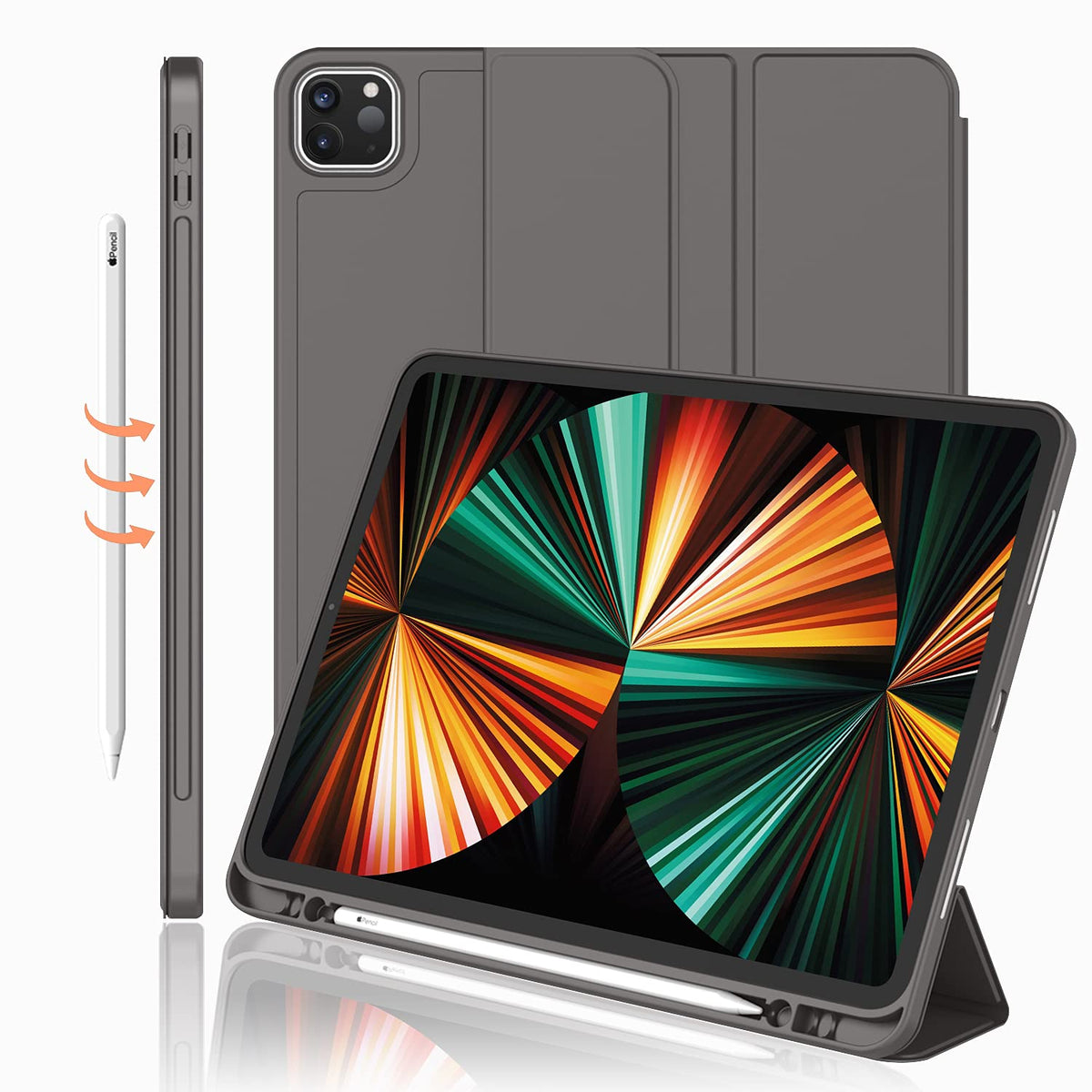 Imieet New Ipad Pro 12.9 Case 2022(6Th Gen)/2021(5Th Gen) With Pencil Holder [Support Ipad 2Nd Pencil Charging/Pair],Trifold Stand Smart Case With Soft Tpu Back,Auto Wake/Sleep(Space Gray)