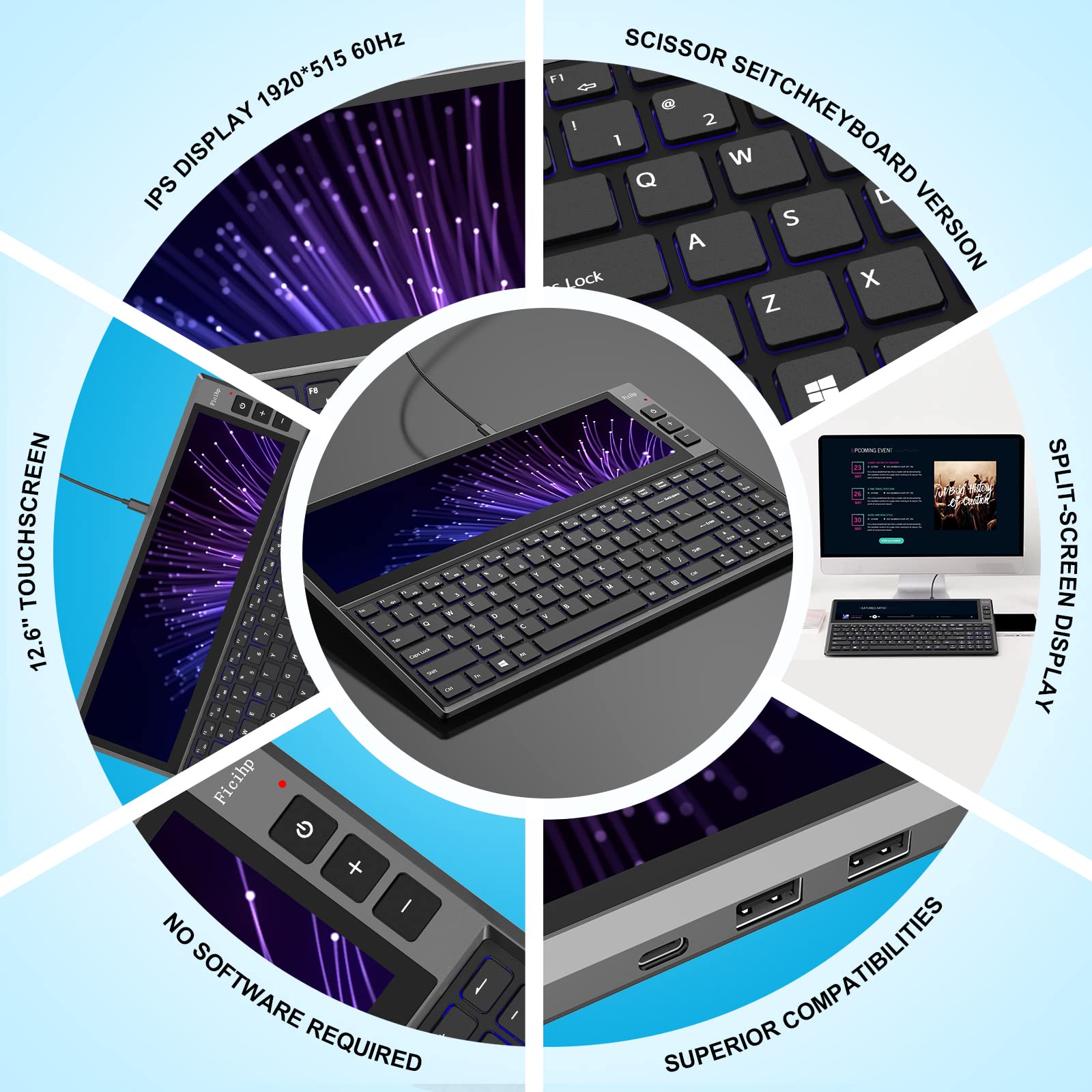 Bqaa Rgb Keyboard, Built In 12.6 Inches Touchscreen Monitor, Ultra Slim Aluminum Compact 98 Keys Computer Split Screen Keyboard
