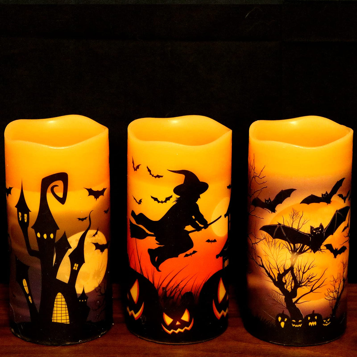 Dromance Flameless Candles Battery Operated With 6 Hour Timer, Halloween Decals Real Wax Led Flickering Pillar Candles Set Of 3 