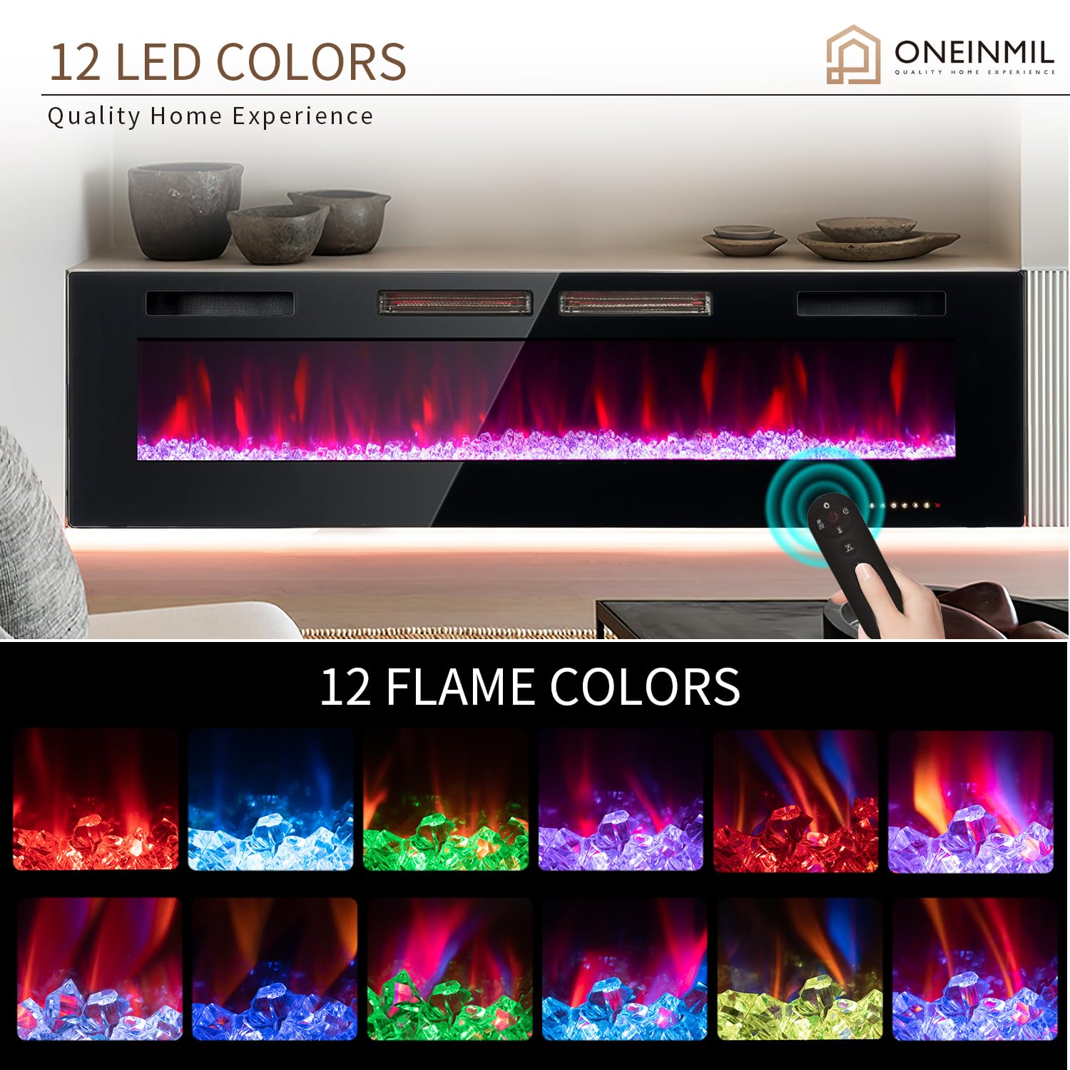 Oneinmil Electric Fireplace, 68 Inch Wide Recessed/Wall Mounted Electric Fireplace, Remote Control With Timer 12 Adjustable Colo