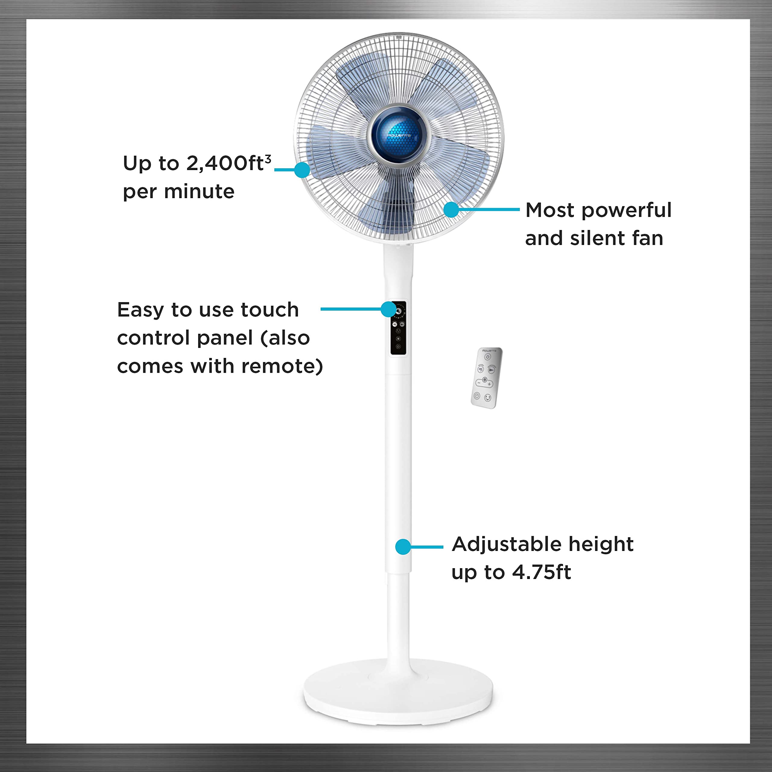 Rowenta, Pedestal Fan, Turbo Silence Standing Floor Fan With Remote, 53 Inches, Ultra Quiet Fan For Bedroom, Oscillating, Portable, 5 Speeds, Refresh Up To 23 Feet Vu5870, White, Indoor, Vu5870