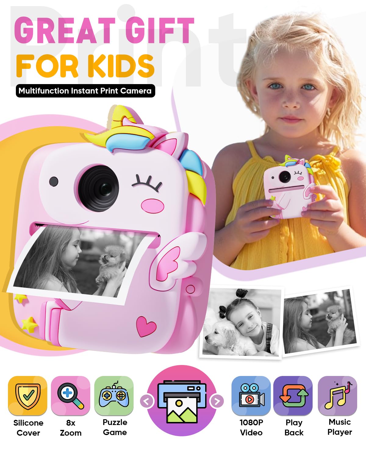 Prysyedawn Instant Print Camera For Kids, Christmas Birthday Gifts For 3 8 Year Old Boys Girls, 1080P Kids Digital Camera Toys F