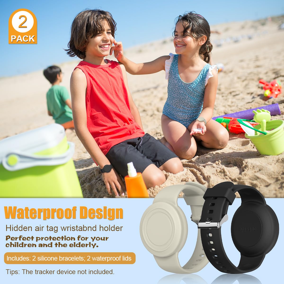2 Pack Compatible For Airtag Bracelet Kids, Waterproof Air Tag Holder Hidden Full Coverage Design Air Tag Accessories, Soft Silicone Air Tag Case For Toddlers Childs Adults (Black & Off White)