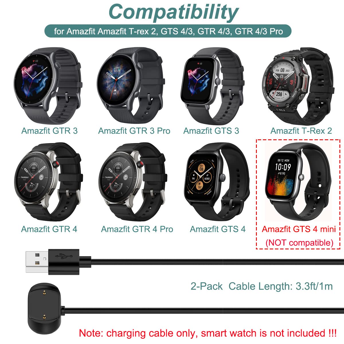 Kissmart Charger For Amazfit T-Rex 2, Gtr 4, Gtr 3 Pro, Gts 4, Gts 3 - Replacement Charging Cable Cord Smart Watch Accessories [