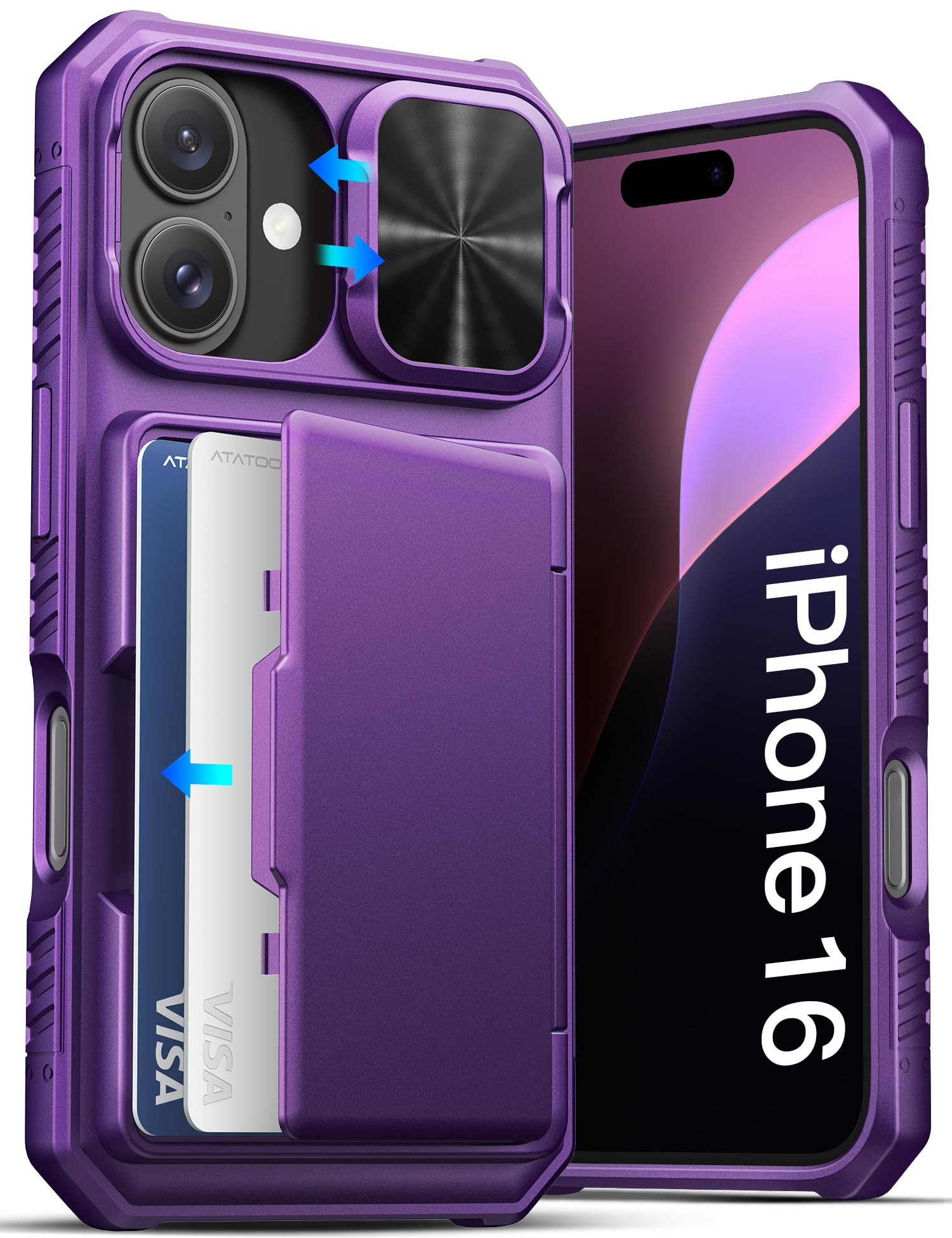 Atatoo For Iphone 16 Case Wallet With Card Holder (Store 3 5 Cards) & Slide Lens Cover, Military Grade Protection, Rugged Shockp