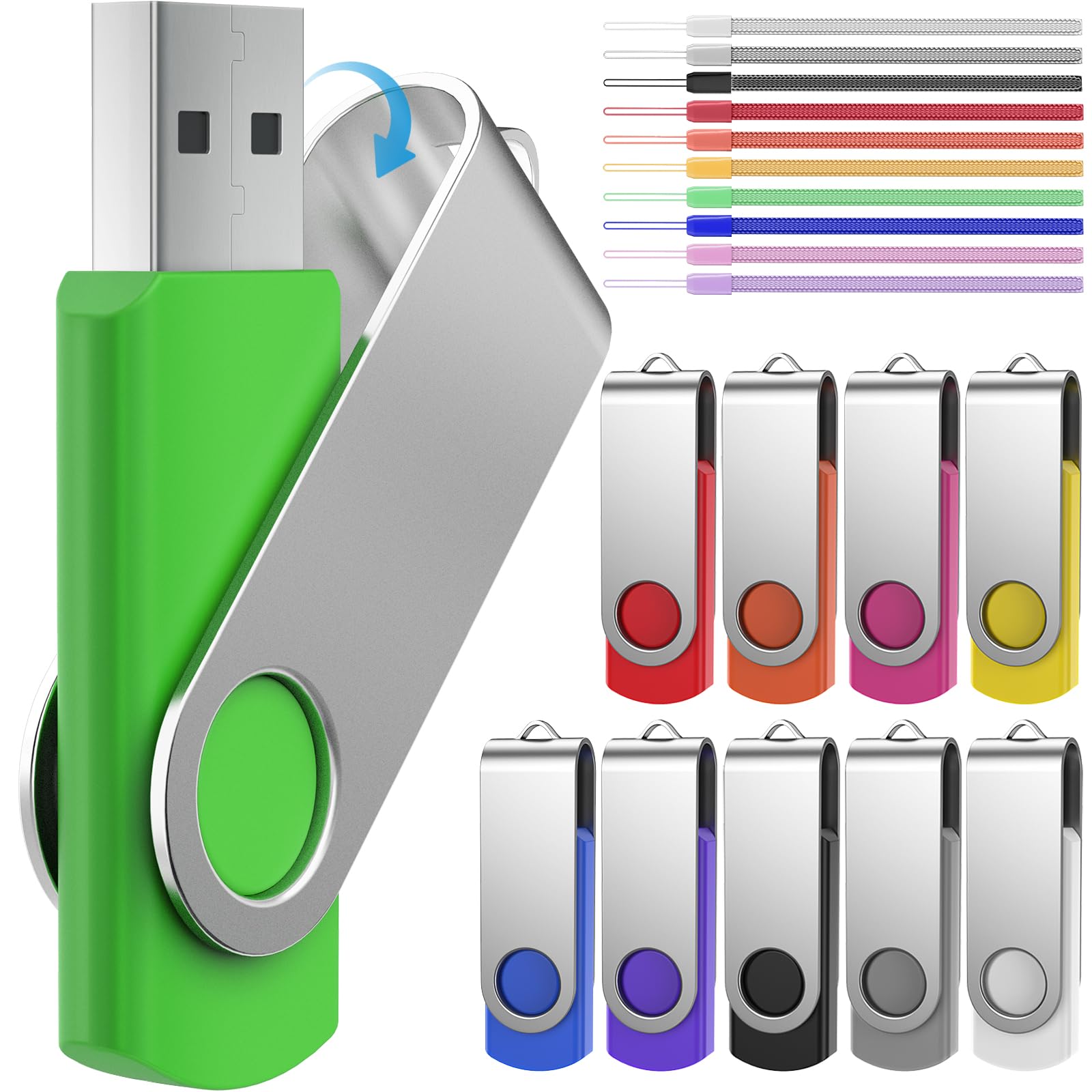 Thumb Drive 4Gb 10 Pack Usb Flash Drives Bulk, Swivel Jump Drive 4 Gb Multi Coloured Pen Drive Usb 2.0 Memory Stick With Cords,