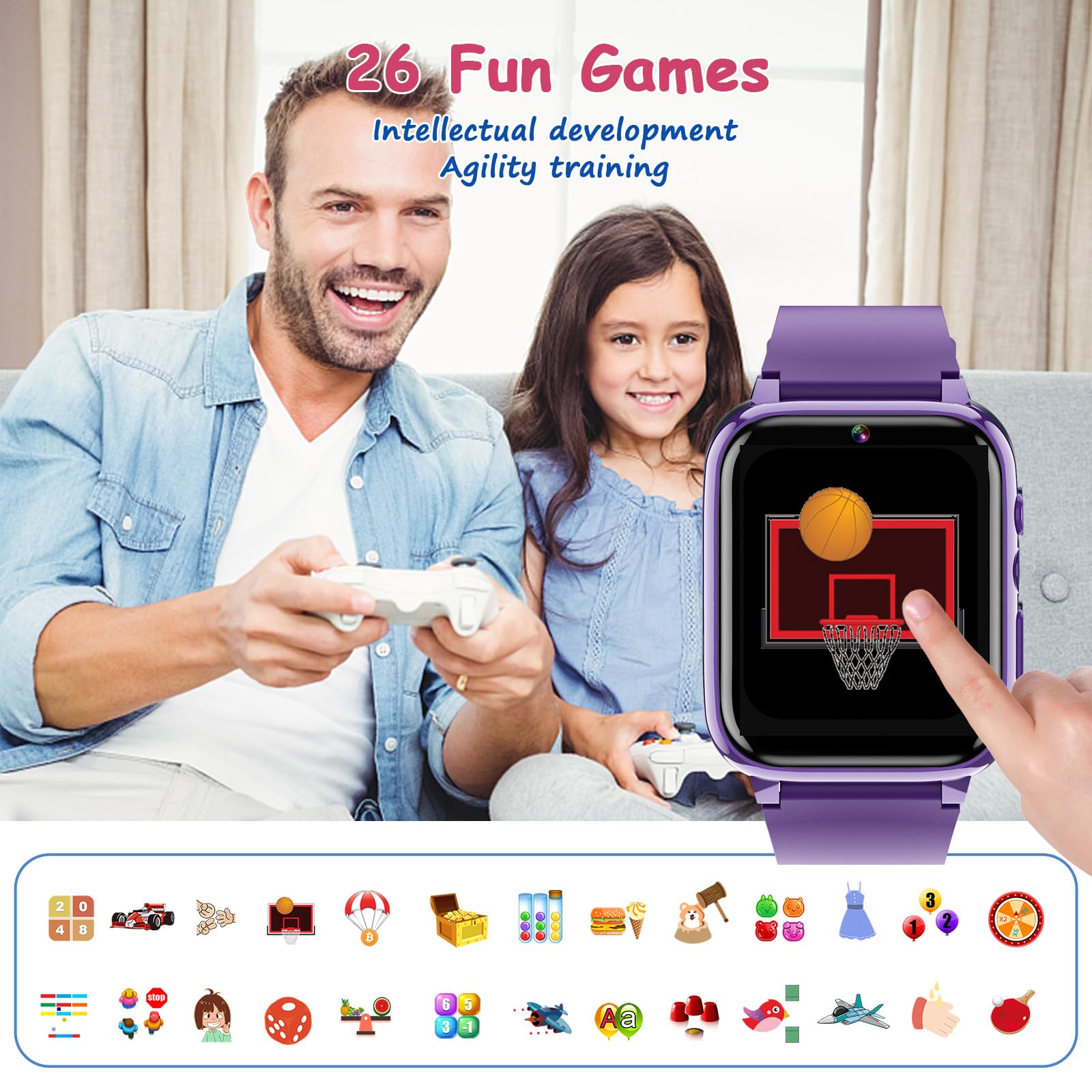 Goodatech 1.69'' Smart Watch For Kids 4 12 Years Boys Girls, 26 Puzzle Games,Hd Camera,Video Music Player,Pedometer,Flashlight,A