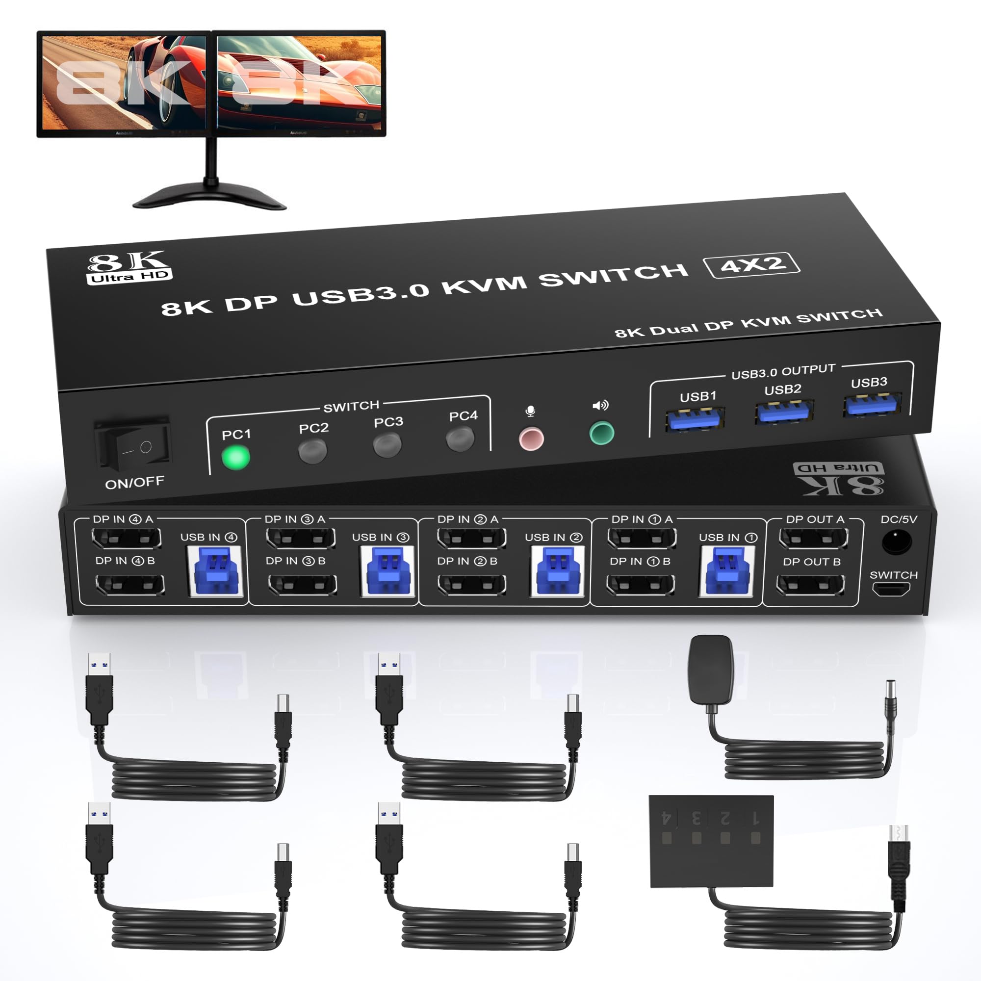 8K@60Hz Displayport Usb 3.0 Kvm Switch 2 Monitors For 4 Computers 8K@60Hz 4K@144Hz, Dp1.4 Dual Monitor Displayport Kvm Switch 4
