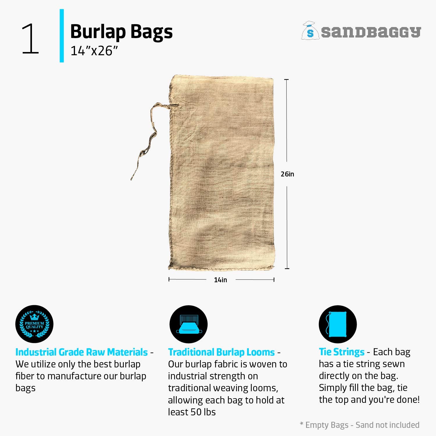 Sandbaggy Burlap Sand Bag   Size: 14'' X 26''   Sandbags 50Lb Weight Capacity   For Flooding, Flood Water Barrier, Tent Sandbags