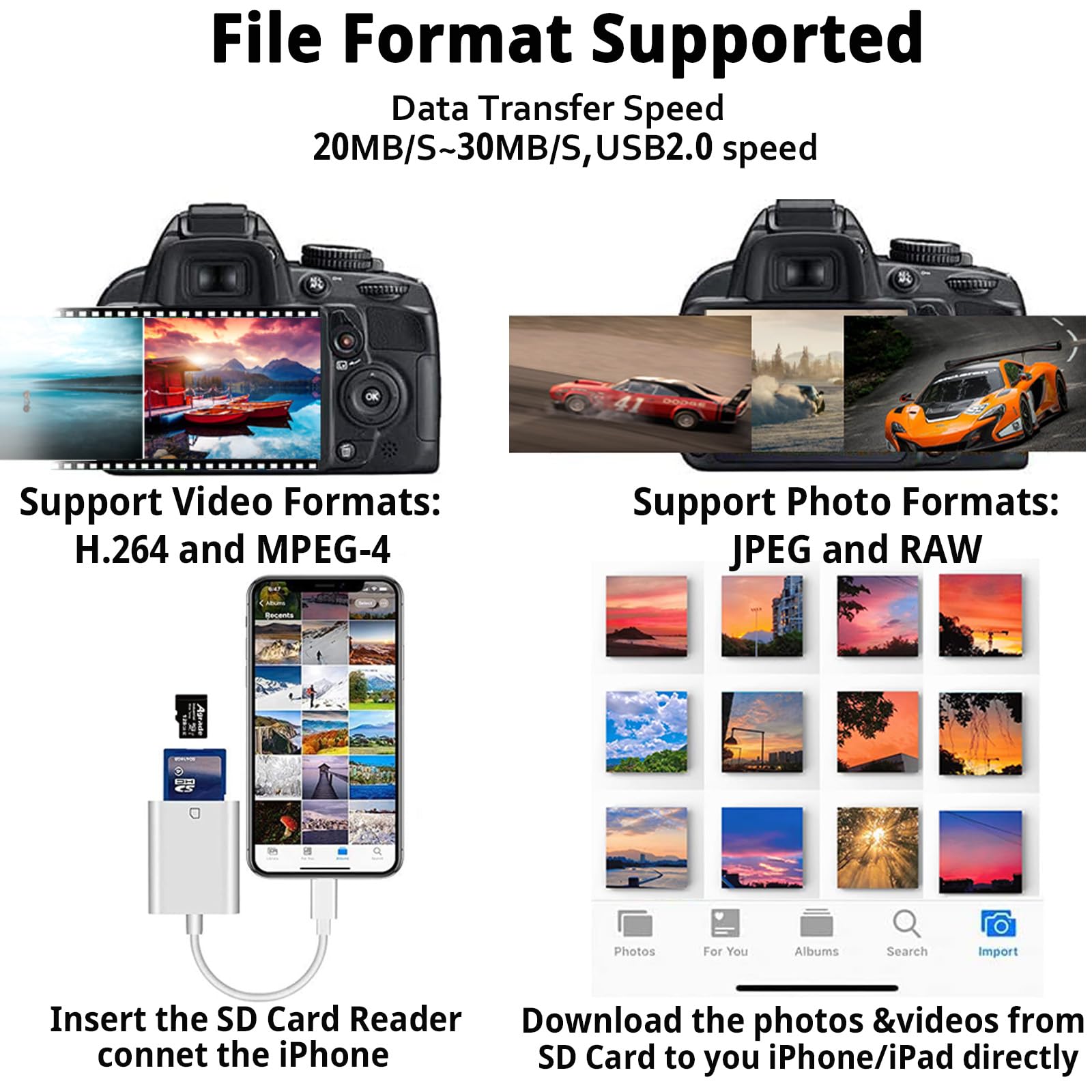 (Apple Mfi Certified) Lightning To Sd Card Camera Reader For Iphone Ipad, 2 In 1 Dual Card Slot Supports Sd And Tf Card, Portabl