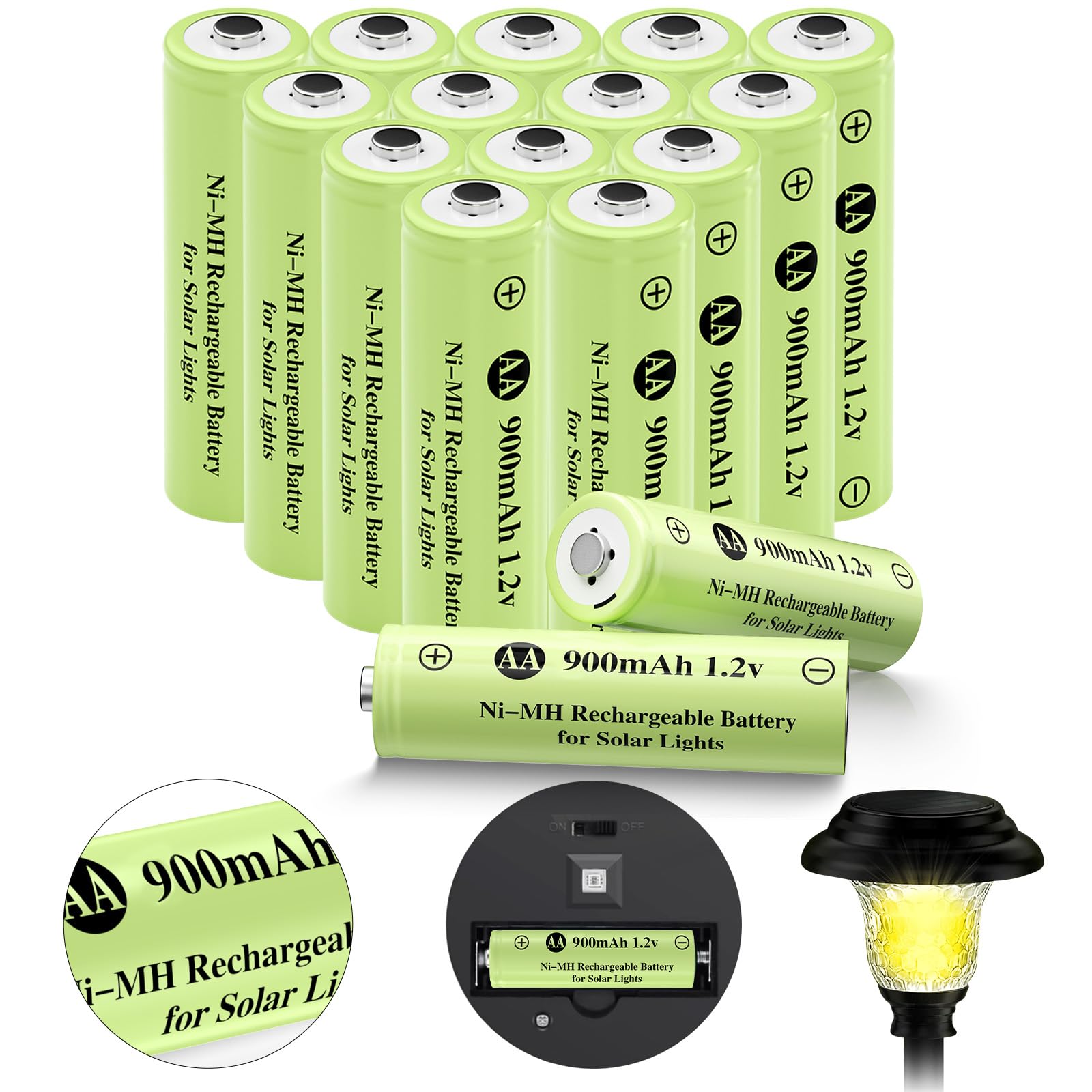 JiajaX Rechargeable AA Batteries, Ni-MH AA 900mAh Rechargeable Batteries, Double A 1.2v Solar Batteries for Garden Landscaping O