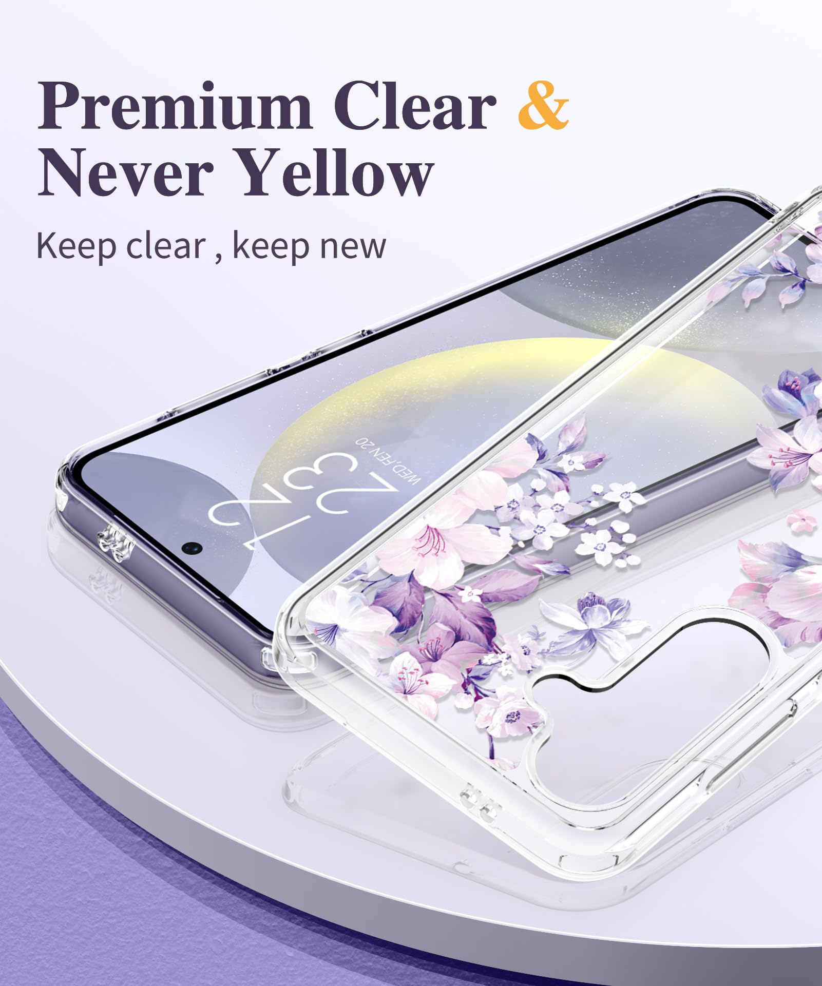 Gviewin For Samsung Galaxy S24 Plus Case With Screen Protector+Camera Lens Protector, Clear Stylish Floral Pattern Slim Protecti