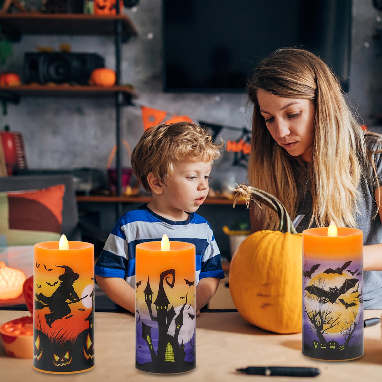 Dromance Halloween Flameless Led Candles Battery Operated With Remote And Timer, Real Wax Flickering Pillar Candles Flat Wick Di