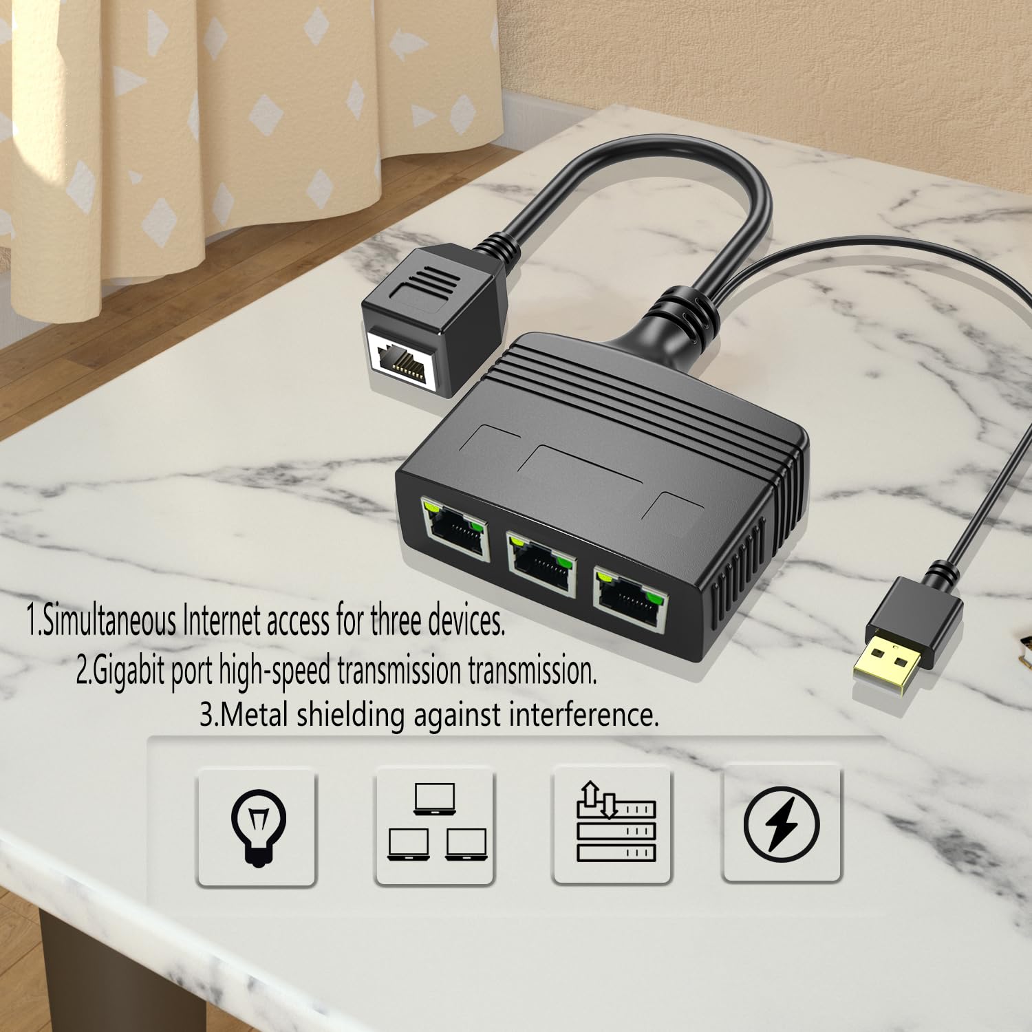 Riieyoca 1 To 3 Port 1000 Mbps Rj45 Ethernet Splitter Adapter,8 Core Gigabit High Speed Lan Network Splitter For Cat5, Cat5E, Ca