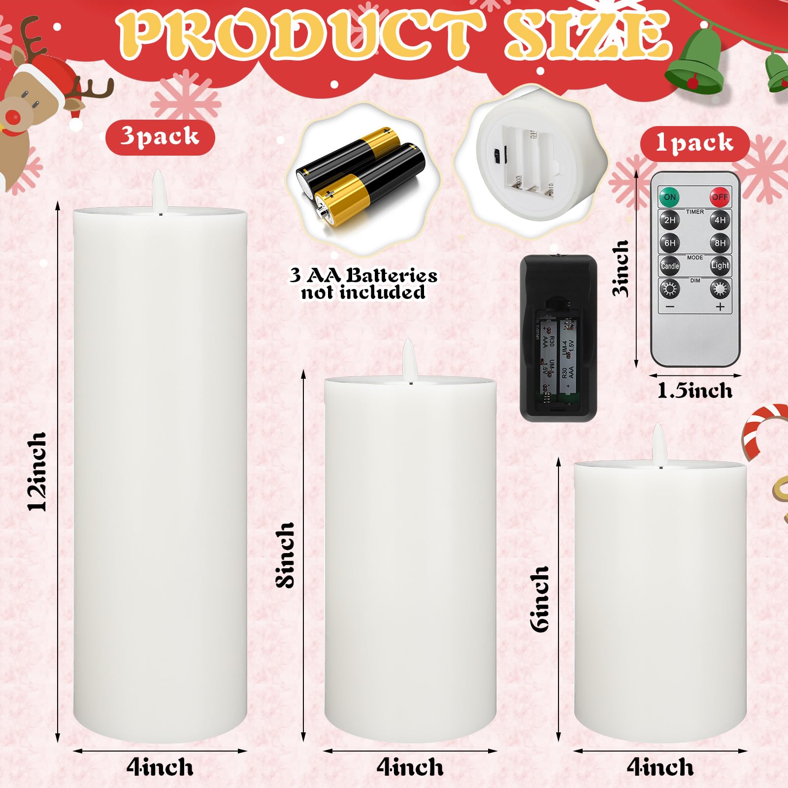 Retisee 3 Pcs Large Flameless Led Battery Operated Candles With Remote Waterproof Real Wax Candles For Indoor Outdoor Party Wedd