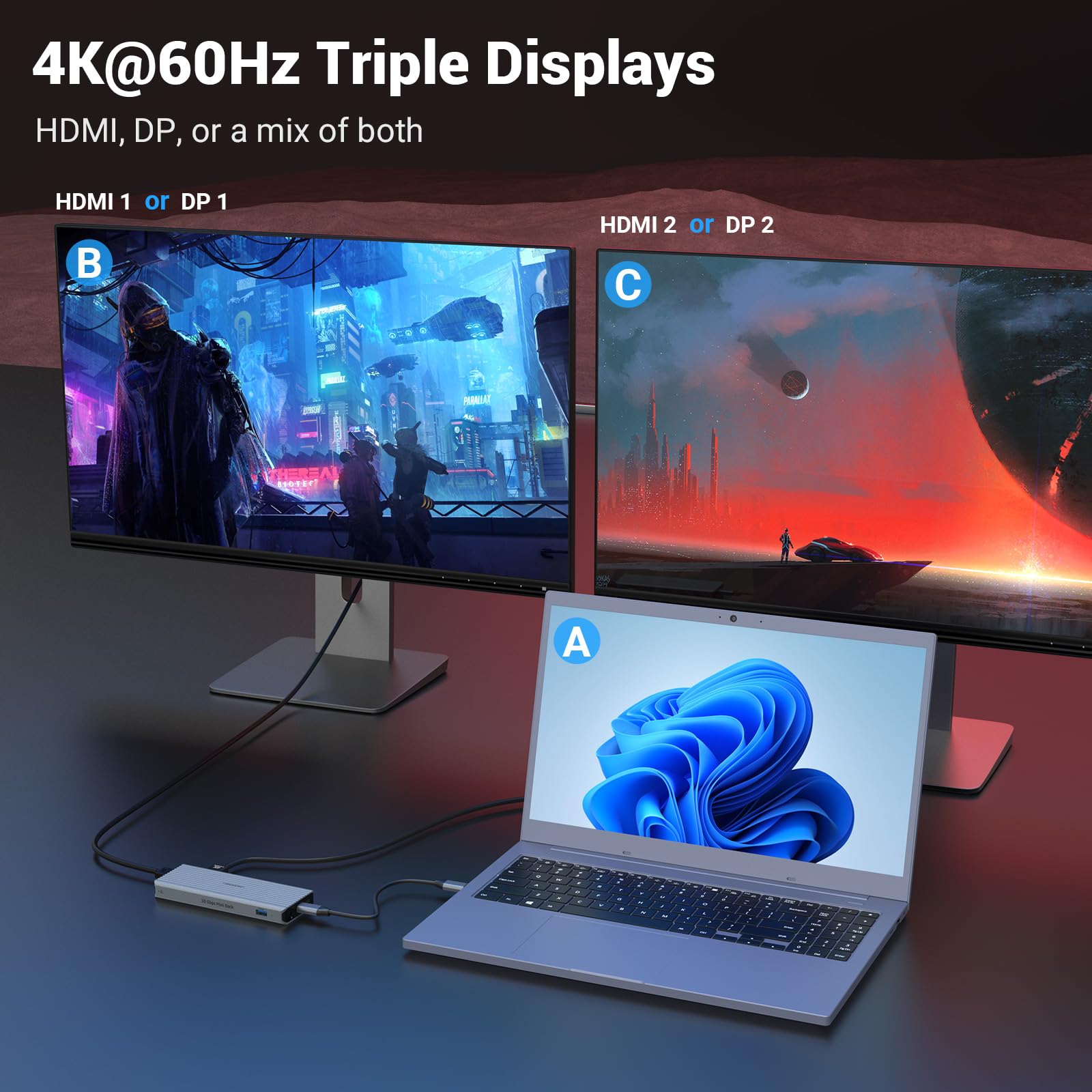 Otaitek Docking Station, 11 In 1 Usb C Hub Dual 4K@60Hz Video Outputs Dual Monitor,(3 Usb 3.1 10 Gb/S, 2 Hdmi, 2 Dp, 100W Pd, Gi