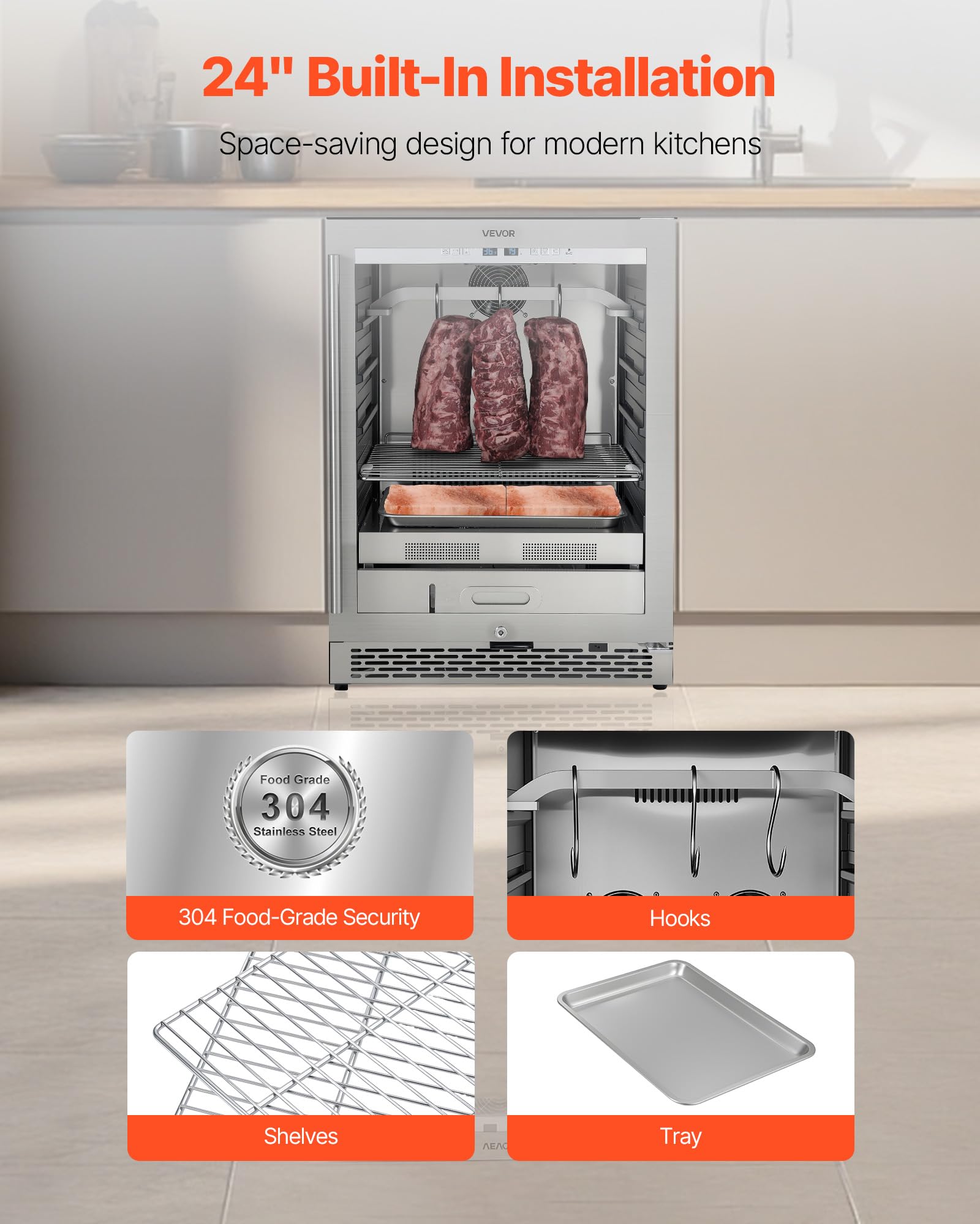 Vevor Zs-A145N Fridge For Steaks Dry Ager Refrigerator For Meat With Precise Temperature & Humidity Control, Freestanding & Unde