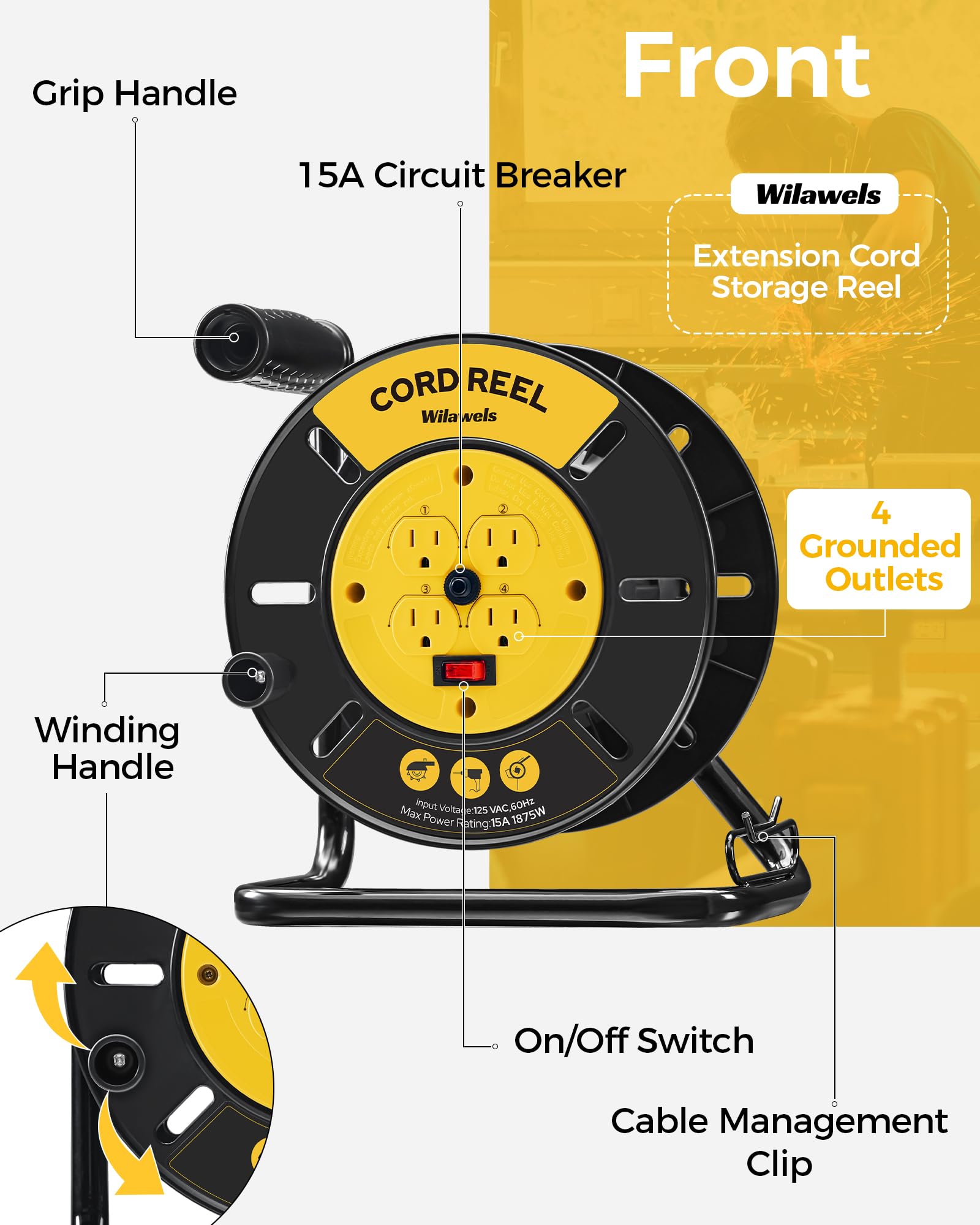 Wilawels Extension Cord Storage Reel With 4 Grounded Outlets, 15A Circuit Breaker, Heavy Duty Open Cord Reel For 12/3,14/3,16/3