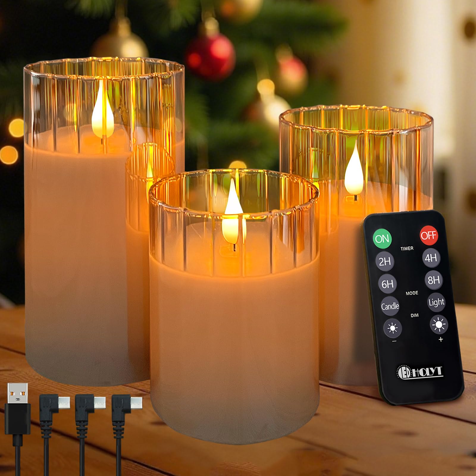 LEDHOLYT Rechargeable Flameless Candle, Flashing LED Pillar Real Wax Candle with Remote Control and Timer, Gold Stripes Glass El