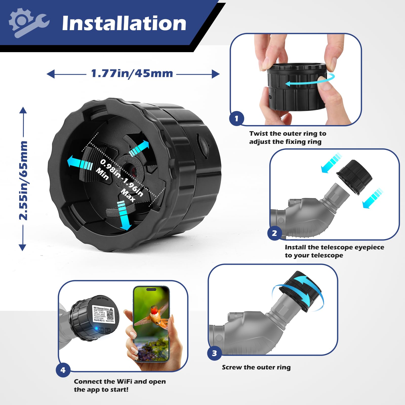 Wifi Wireless Digital Eyepiece For Telescope Hd 4 Megapixels Camera For 25Mm 50Mm Optical Telescope And Microscope, Easy Install