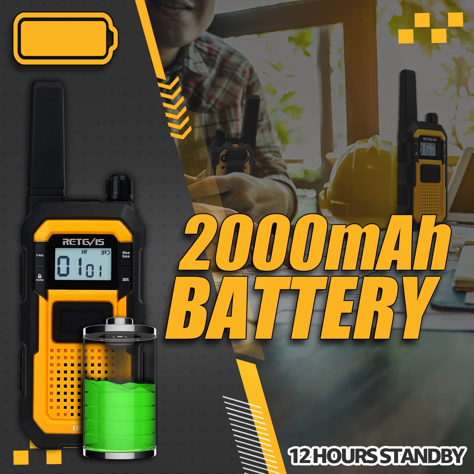 Retevis Rb48 Waterproof Walkie Talkies, Heavy Duty Two Way Radio, Advanced Triple Proof, Vibration Call, Usb C, Sos,2000Mah, Noaa, 2 Way Radio(2 Pack) Yellow