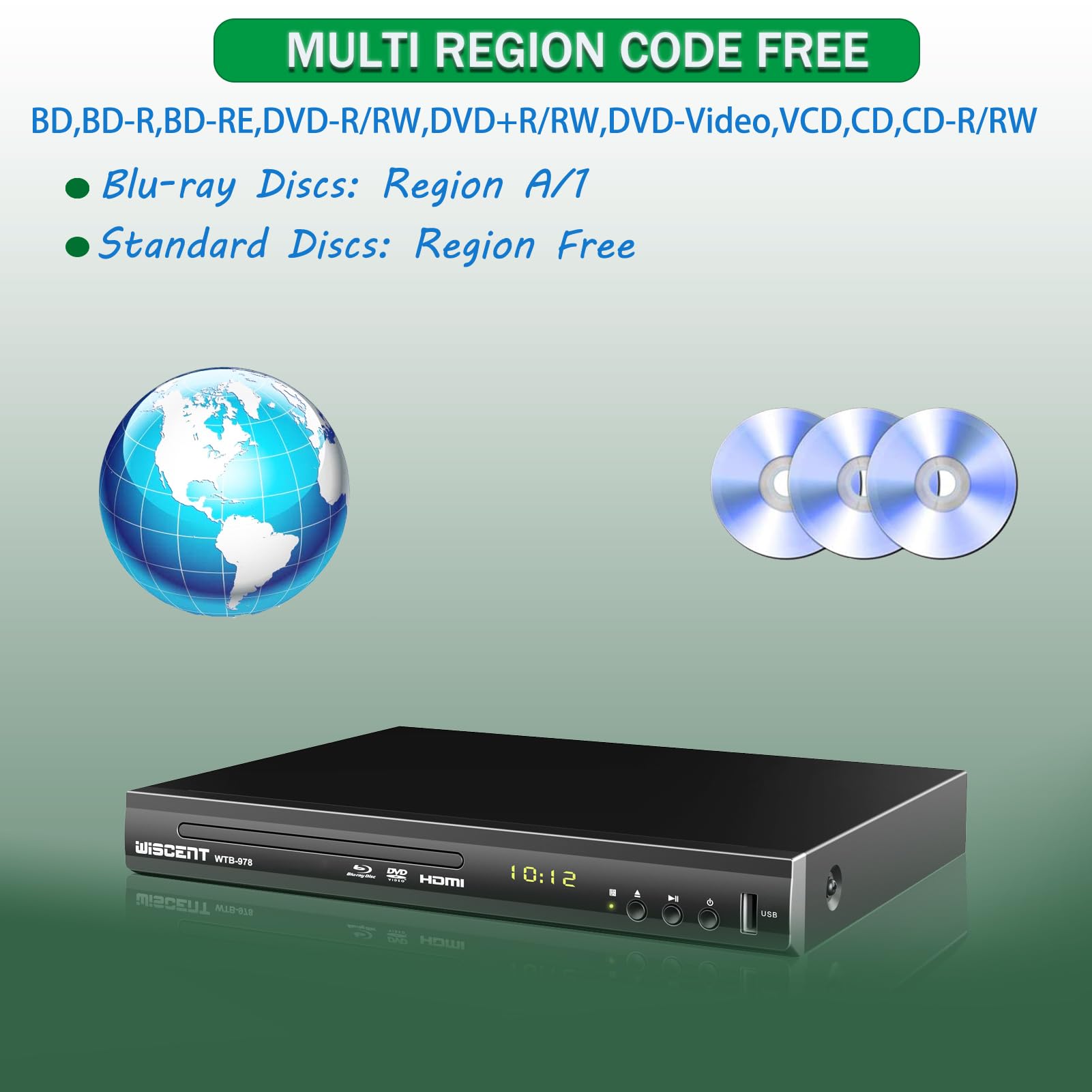 Blu Ray Dvd Player, Wiscent Full Hd 1080P Home Theater Disc System, Region A/1 Blu Rays,Hd Blu Ray Dvd Player For Tv With Coaxial Audio/Hdmi/Av/Output, Usb Input, Built In Pal Ntsc