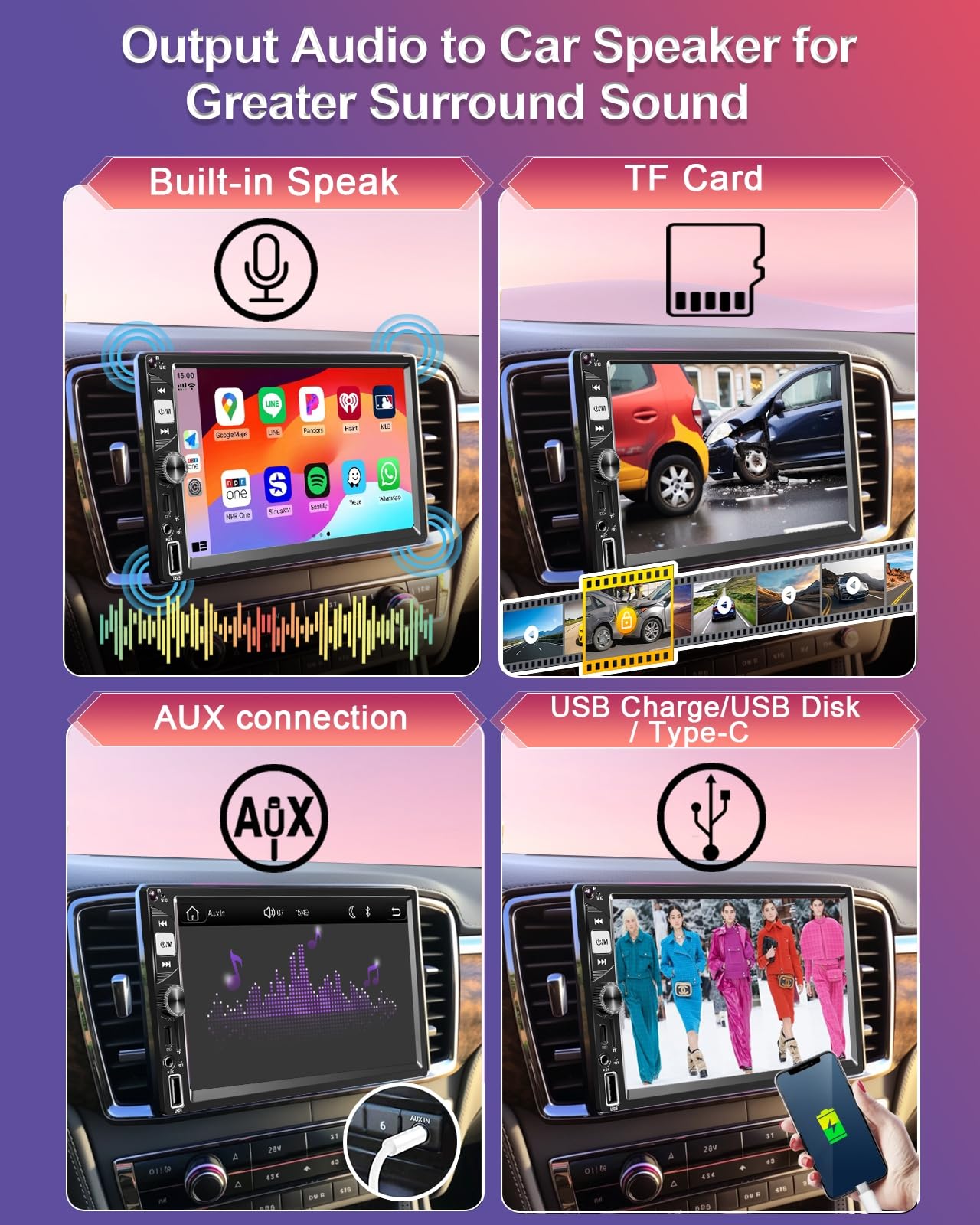 7   Wireless Works With Apple Carplay Double Din Car Stereo,Fm Car Radio,Car Bluetooth,Ips 1024 * 600 Touchscreen, Car Backup