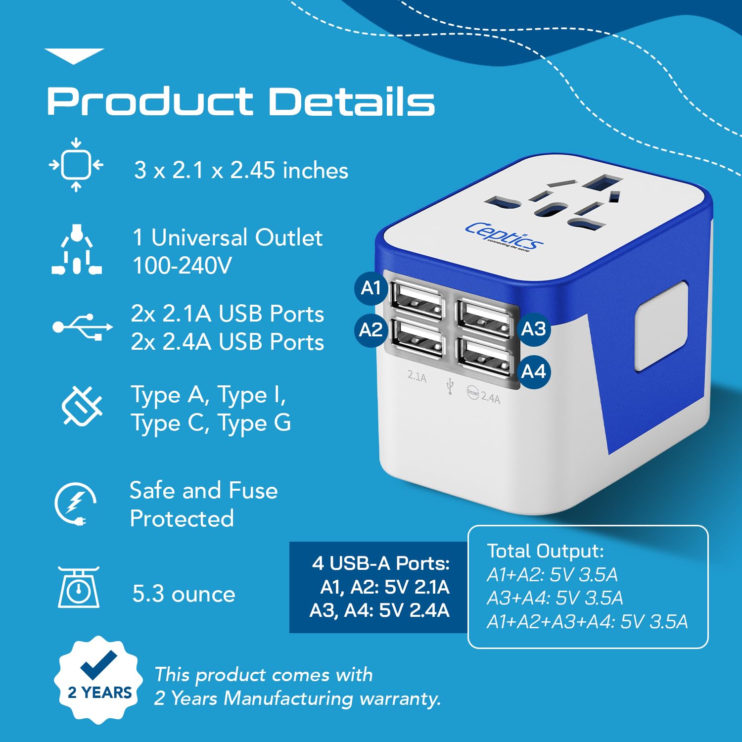 Ceptics Universal Travel Adapter Plug World Power W/ 4 Usb Ports   Charge Cell Phones, Smart Watches, Iphones   For Internationa