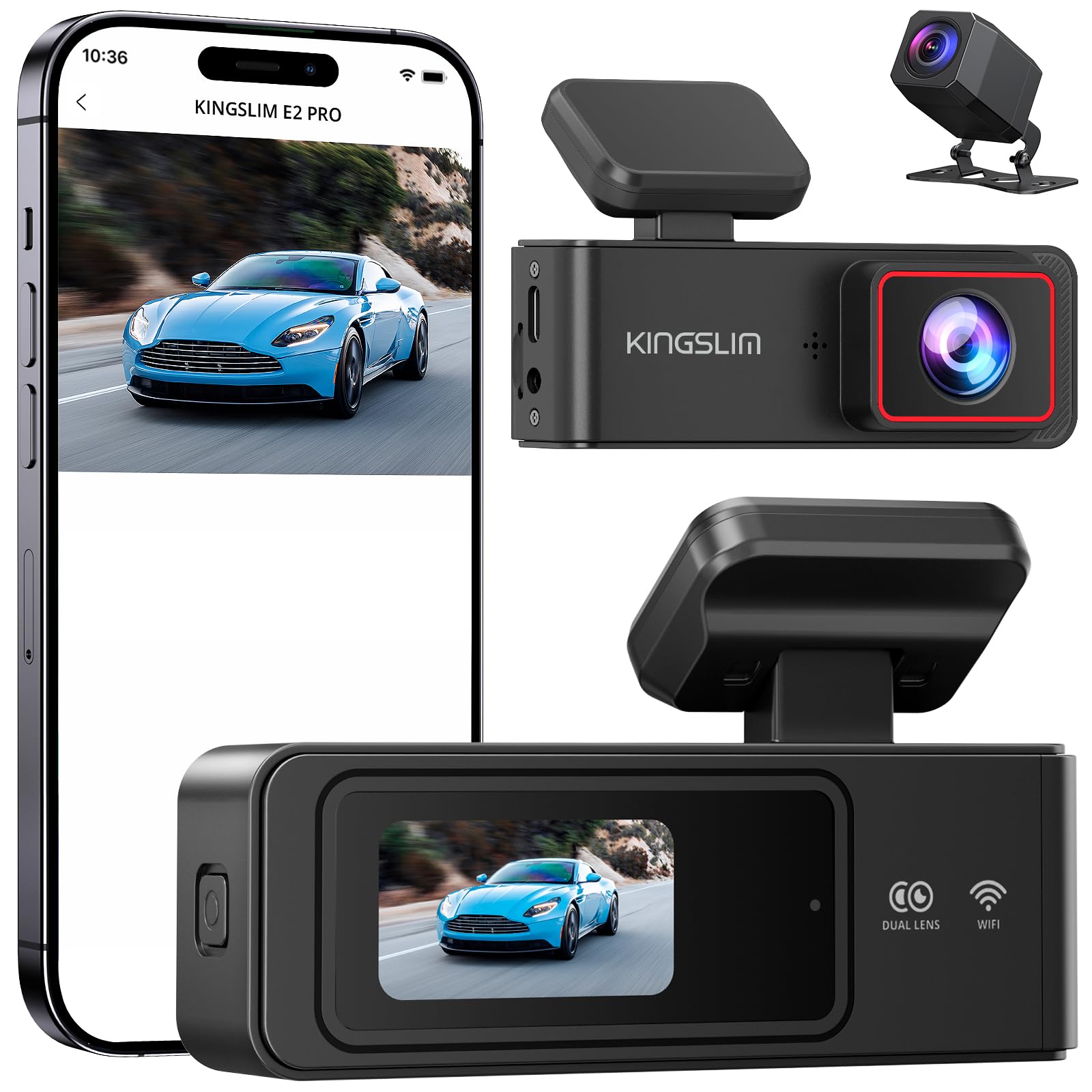 Kingslim 2K Dash Cam Front and Rear with 64GB SD Card, Wireless WiFi Dash Camera for Cars, 1.5 Screen Mini Dashcam Front and B
