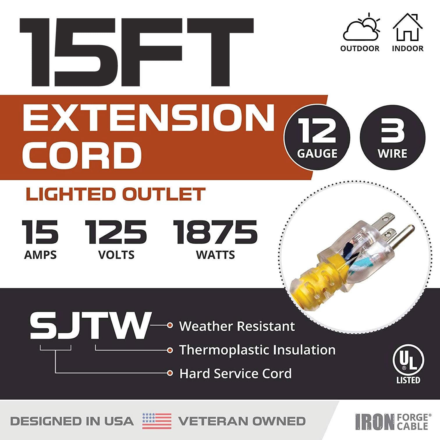 Iron Forge Cable 15 Foot Lighted Outdoor Extension Cord   12/3 Sjtw Heavy Duty Yellow Extension Cable With 3 Prong Grounded Plug