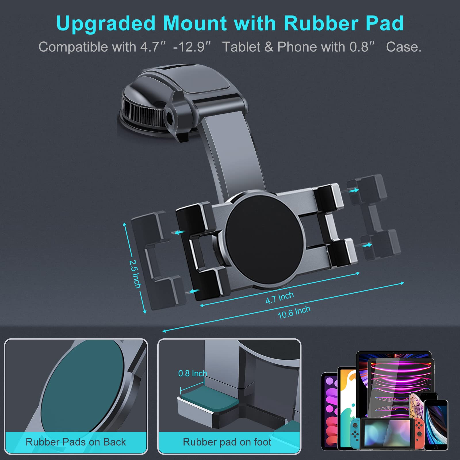 Car Dashboard Tablet Mount Holder, 360 Rotatable Suction Cup With Large Clamp Dash Phone Stand For Ipad Pro 12.9/9.7/11/10.5/Air