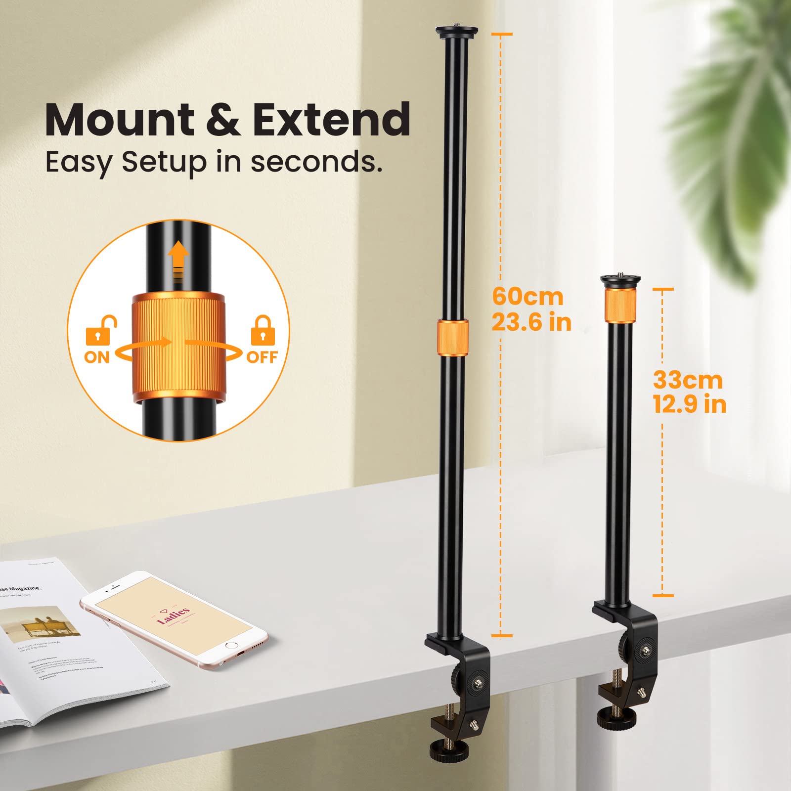 Tarion C Clamp Stand Camera Desk Mount With Standard 1/4 Screw, Ball Head And 33 60Cm Adjustable Extension Rod For Vlogging Live Stream Photo Studio Light Photography Filming