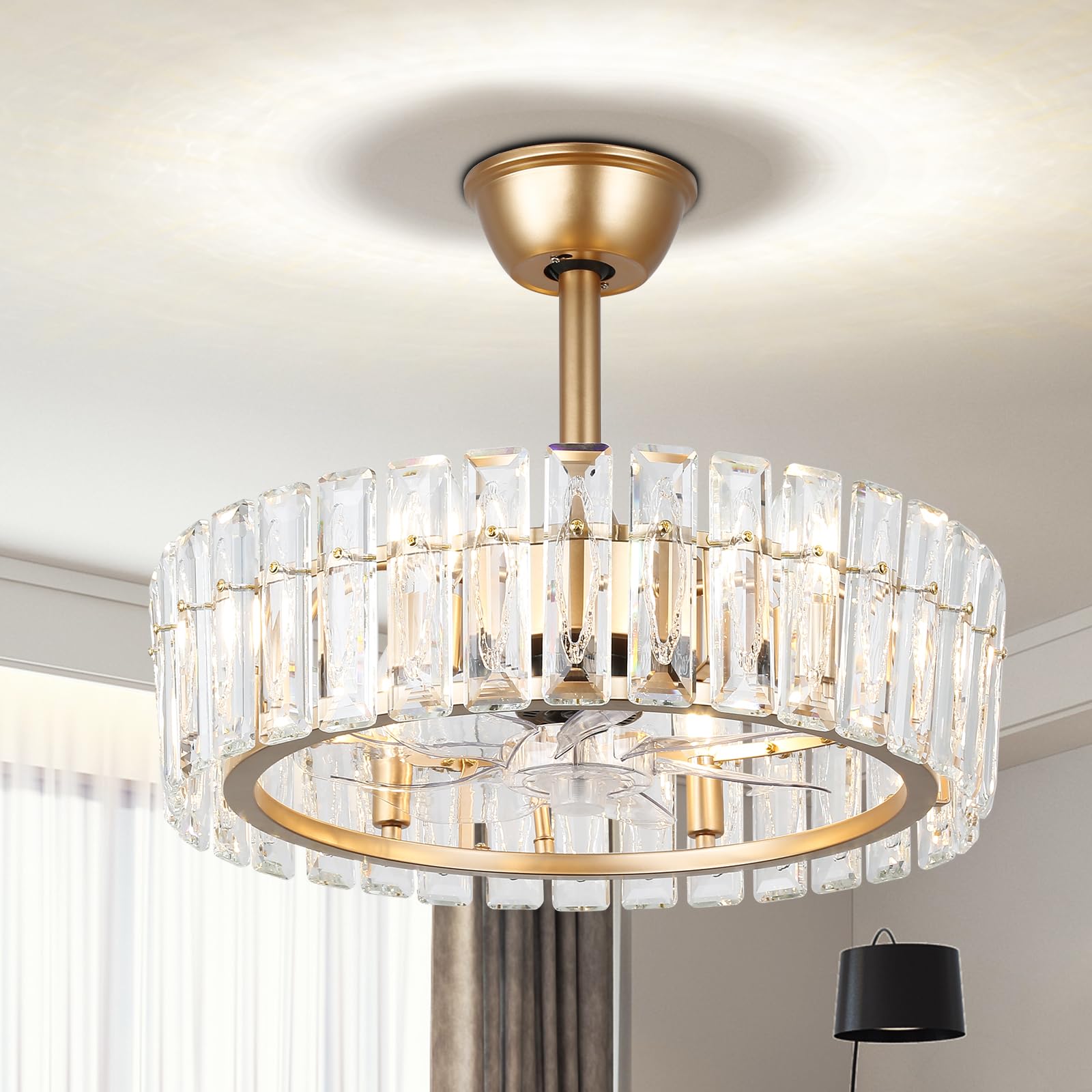 CLAIRDAI 20.7 Gold Crystal Caged Fandelier Ceiling Fan with Lights, Flush Mount Chandelier Ceiling Fan with Remote, Reversible 6