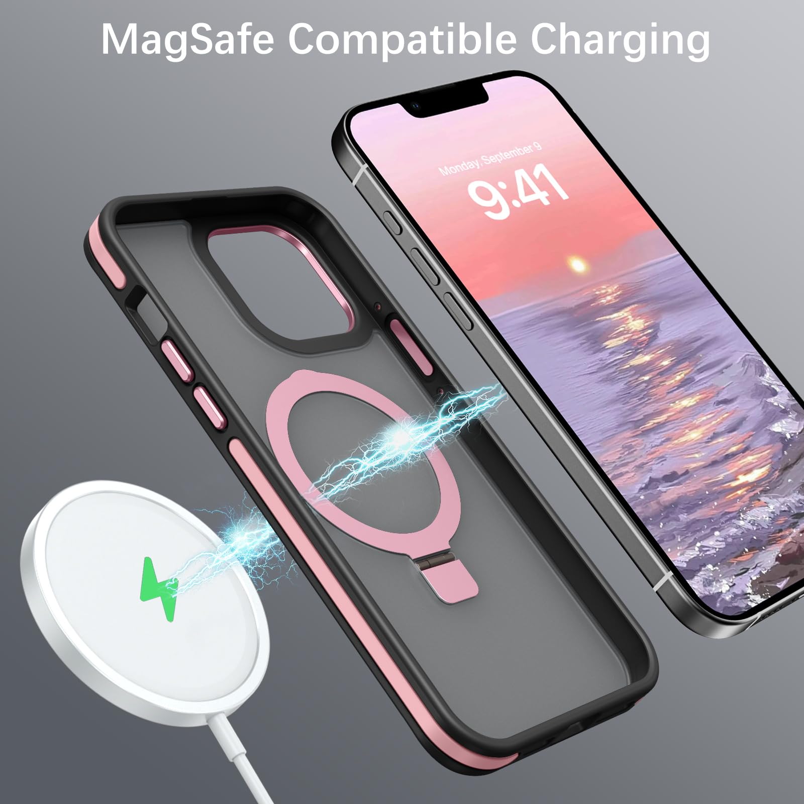Veningo Iphone 13 Pro Max Case, Magnetic Slim Fit Magsafe Translucent Matte Car Mount Supported Foldable Ring Holder Kickstand S